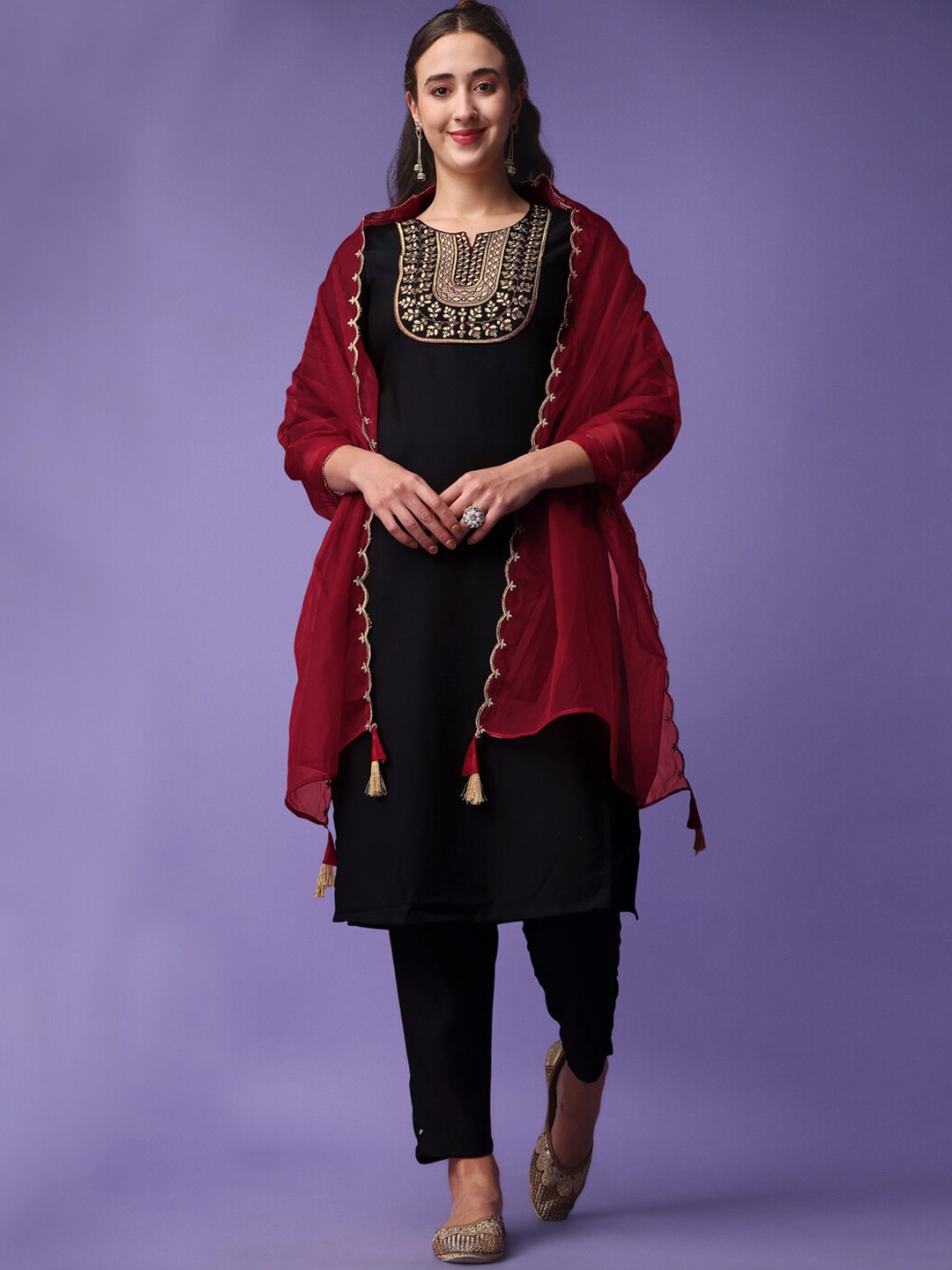 

KALINI Embroidered Regular Kurta With Trousers & Dupatta, Black