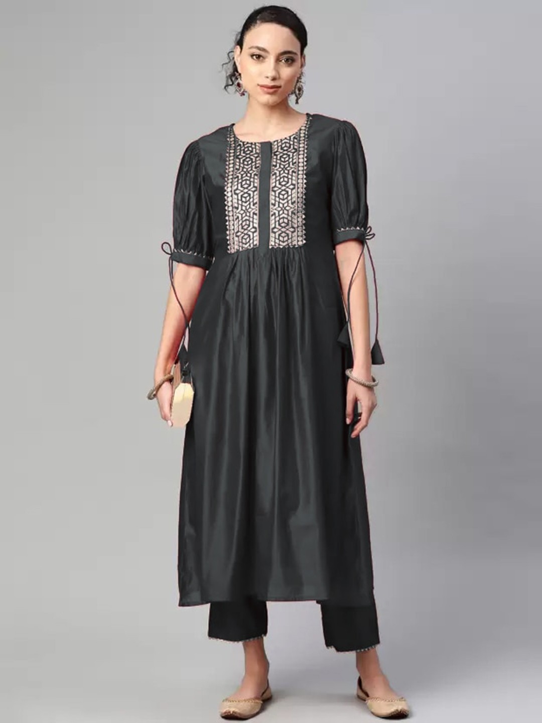 

KALINI Women Grey Embroidered Regular Kurta with Trousers