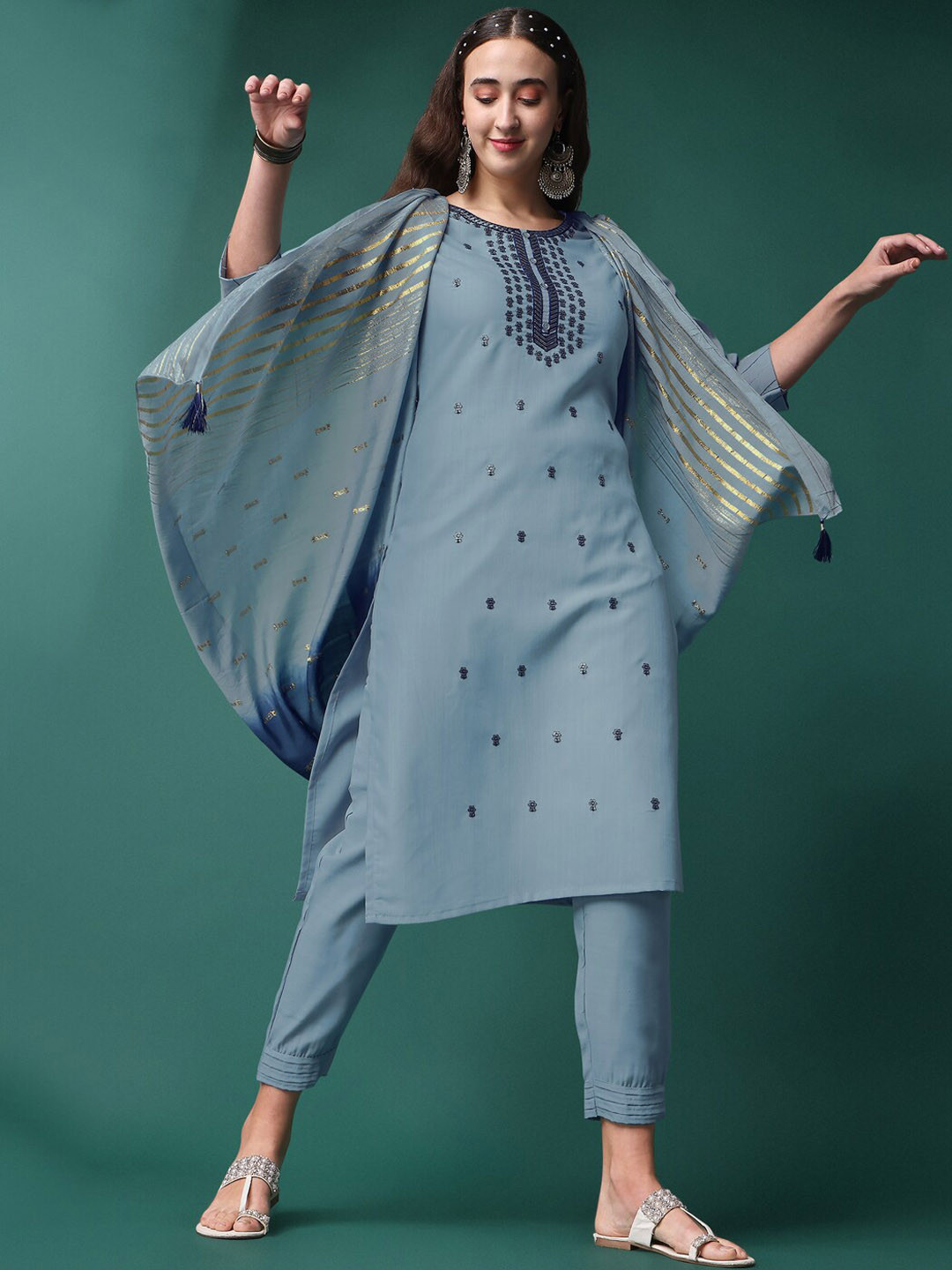 

KALINI Embroidered Regular Sequinned Kurta With Trousers & Dupatta, Blue