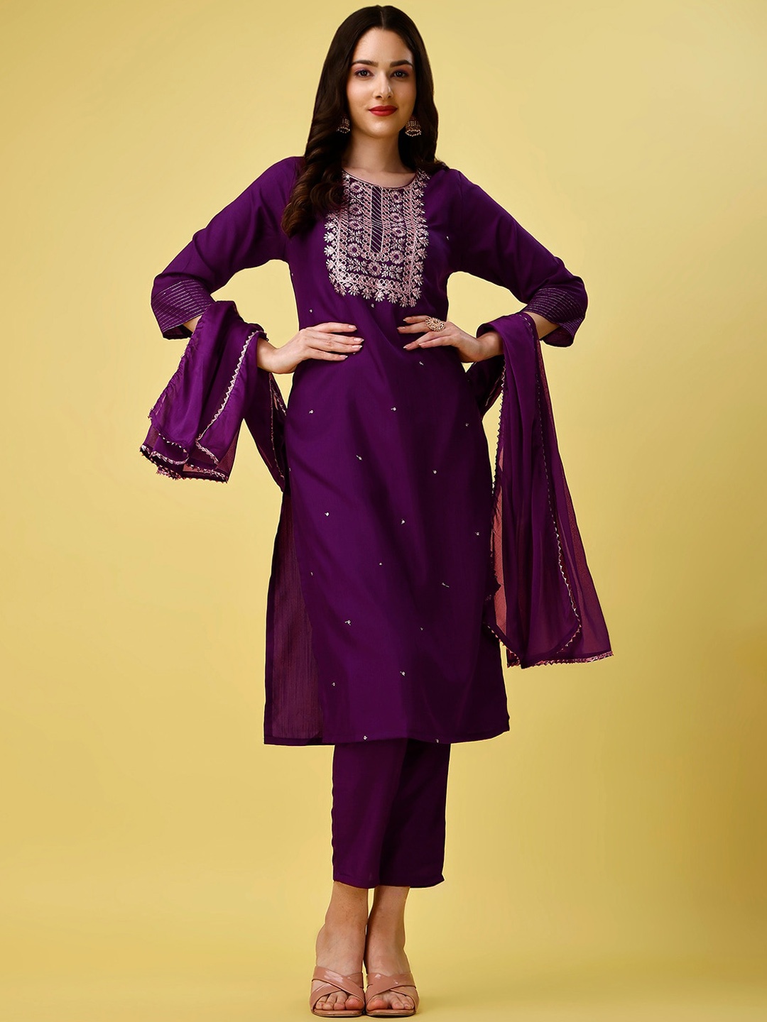 

KALINI Embroidered Regular Kurta With Trousers & Dupatta, Purple