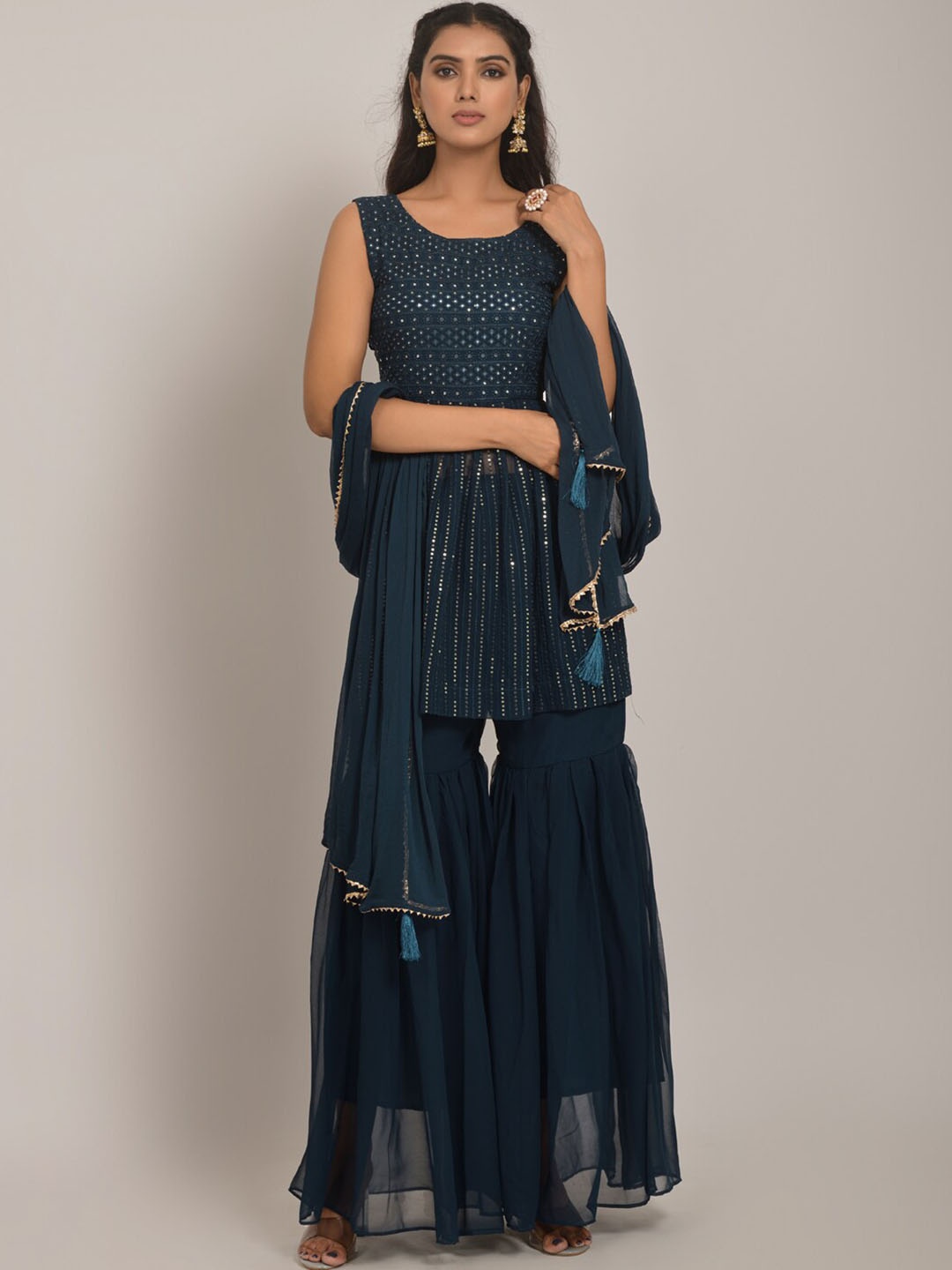 

KALINI Embroidered Mirror Work A-line Kurti With Sharara & Dupatta, Green