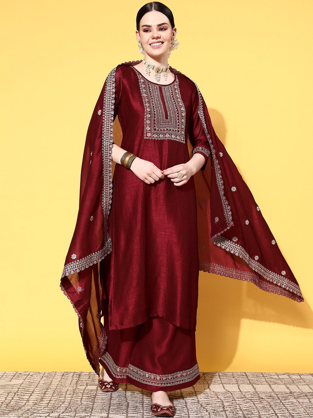 

KALINI Ethnic Motifs Embroidered Thread Work Kurta With Palazzos & Dupatta, Maroon