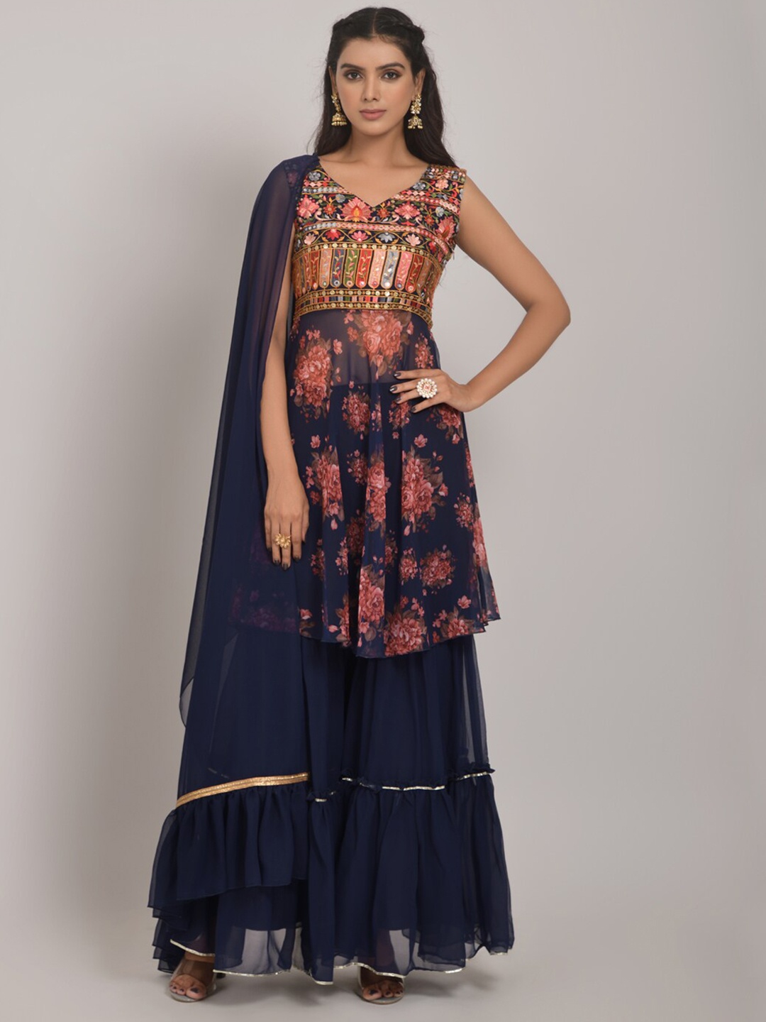

KALINI Embroidered Straight Kurta With Sharara & Dupatta, Navy blue