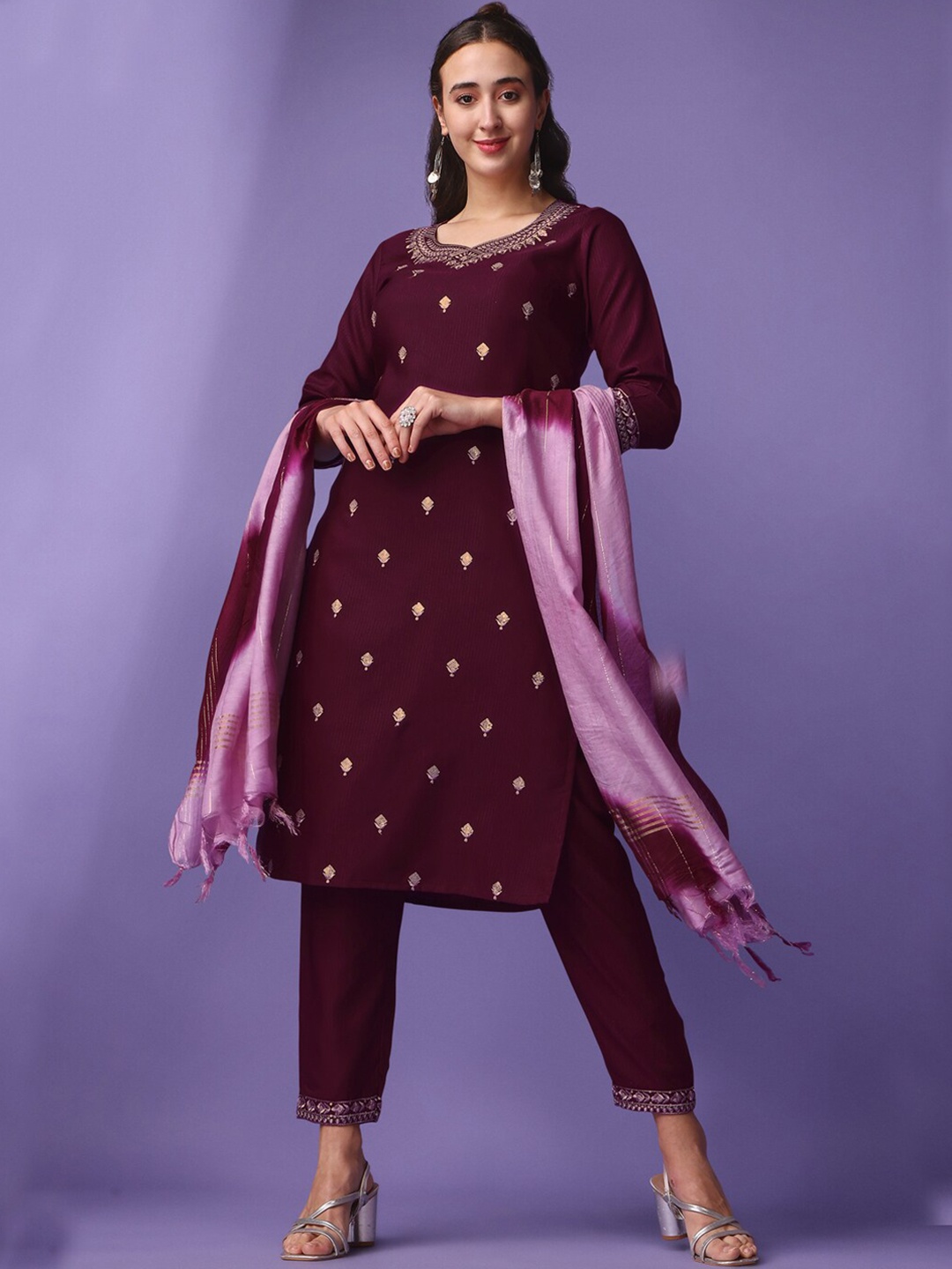 

KALINI Ethnic Motifs Embroidered Regular Kurta With Trousers & Dupatta, Purple