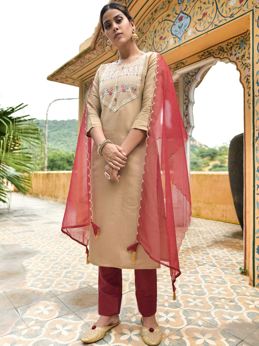 

KALINI Embroidered Straight Kurta With Trousers & Dupatta, Cream