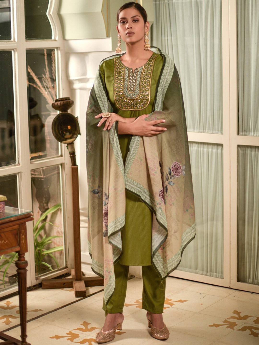 

KALINI Embroidered Straight Kurta With Trousers & Dupatta, Green