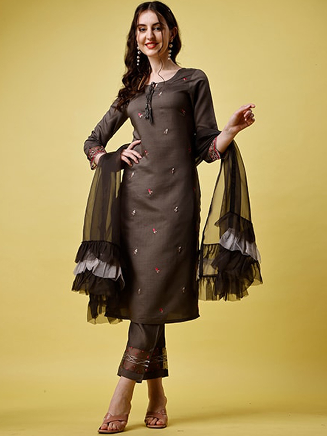 

KALINI Embroidered Thread Work Straight Kurta With Trousers&Dupatta, Grey