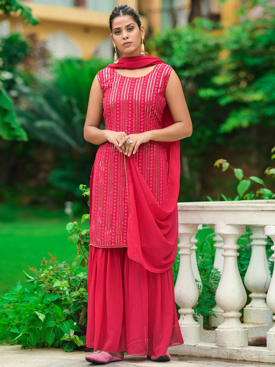 

KALINI Sequinned A-line Kurti With Sharara & Dupatta, Pink