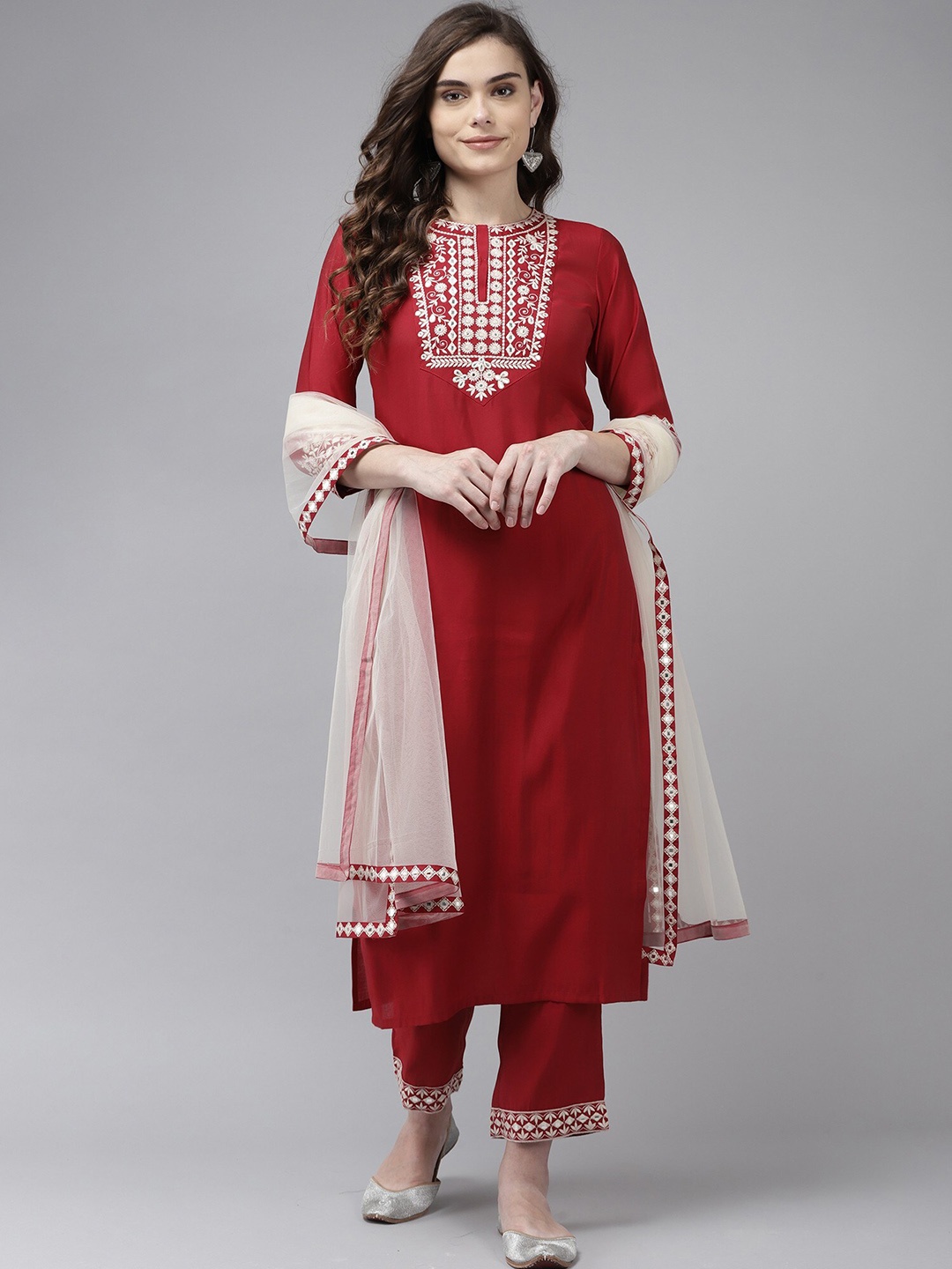 

KALINI Ethnic Motifs Yoke Design Mirror Work Detail Straight Kurta With Trousers & Dupatta, Red