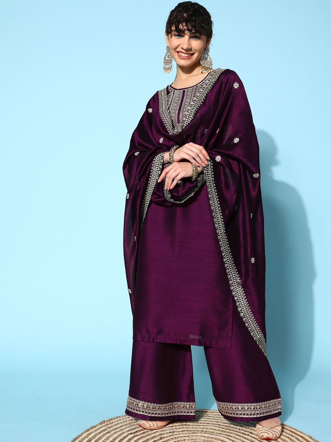 

KALINI Embroidered Straight Kurta With Trousers & Dupatta, Purple