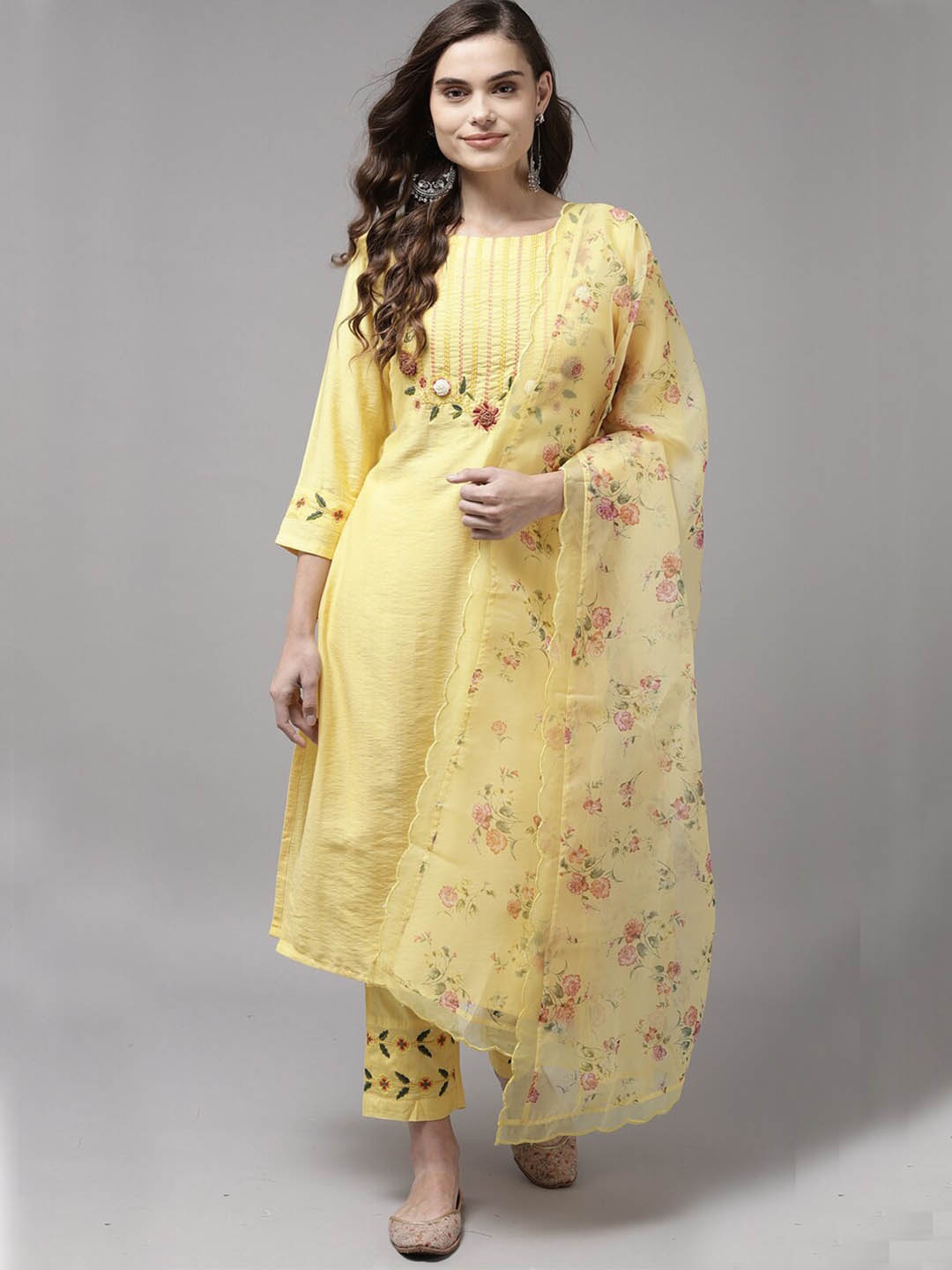 

KALINI Embroidered Thread Work Straight Kurta With Trousers&Dupatta, Yellow