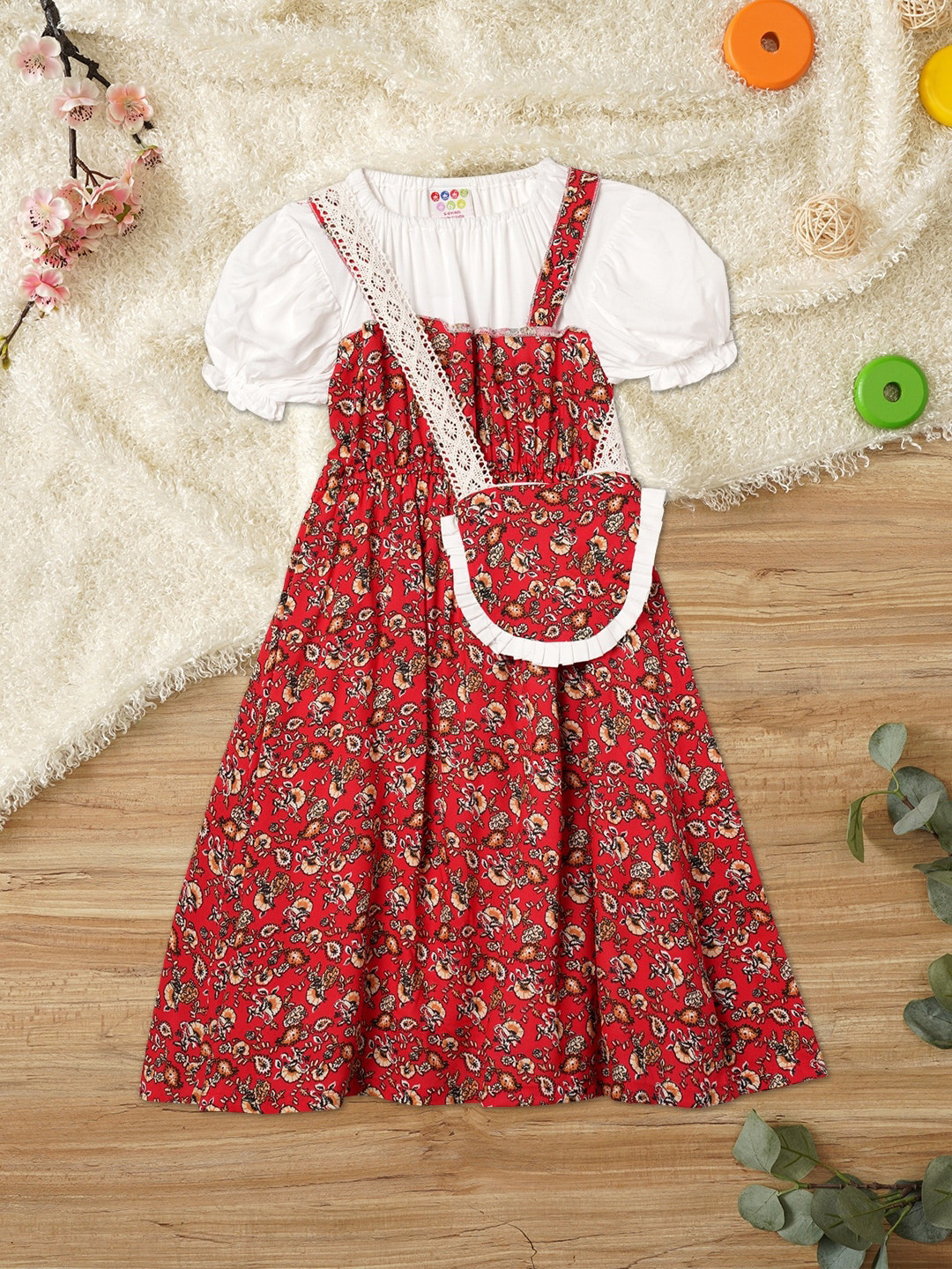 

ZION Girls Floral Printed Pinafore Dress With Sling Bag, Red