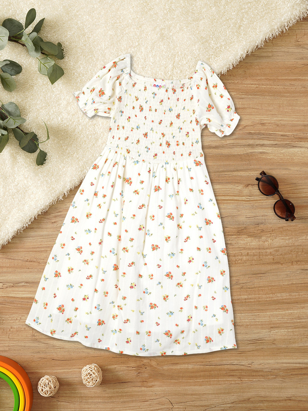 

ZION Girls Floral Printed Square Neck Puffed Sleeves Smocking Cotton Fit & Flare Dress, White