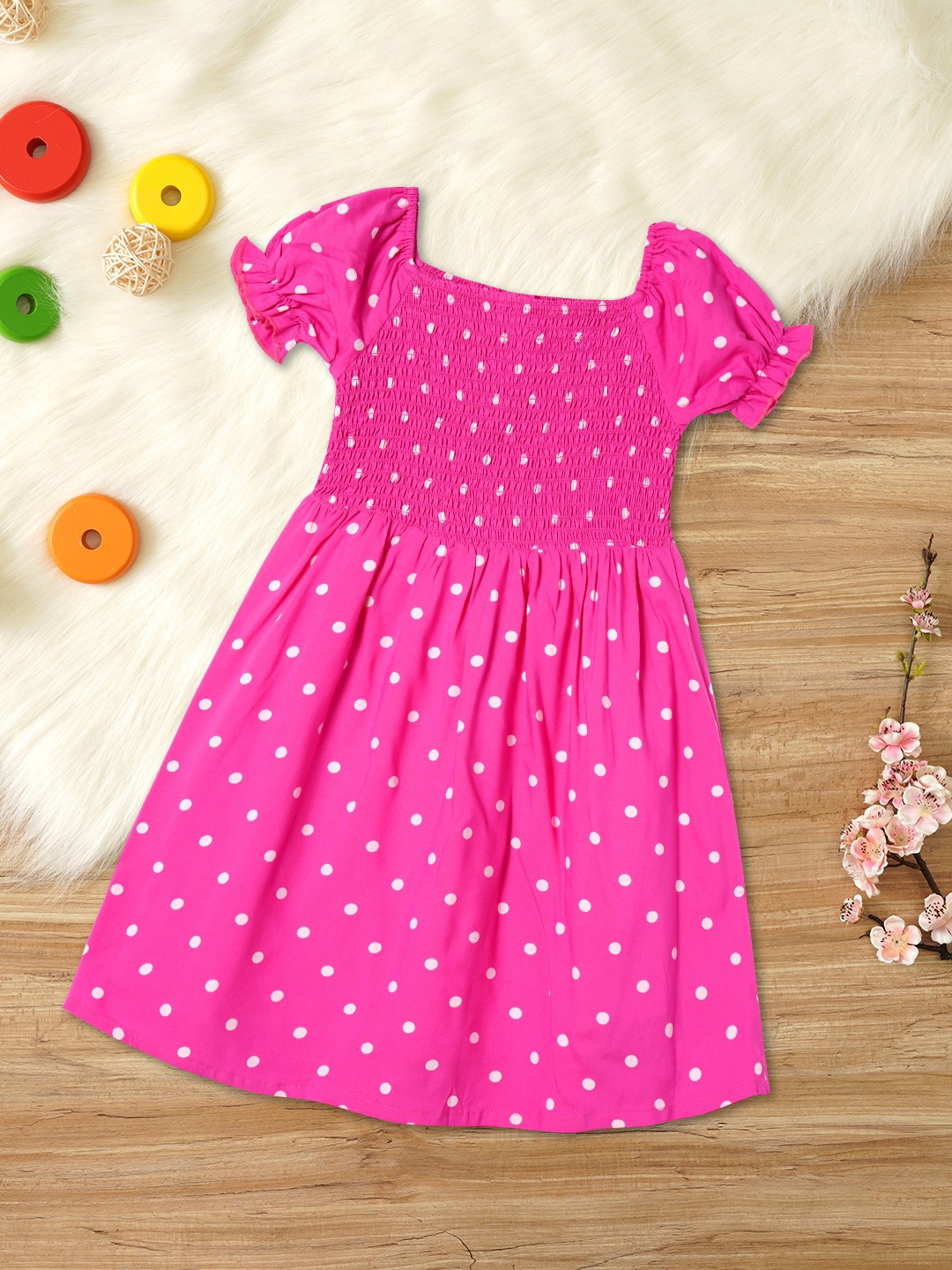 

ZION Girls Floral Printed Square Neck Puffed Sleeves Smocking Fit & Flare Dress, Pink