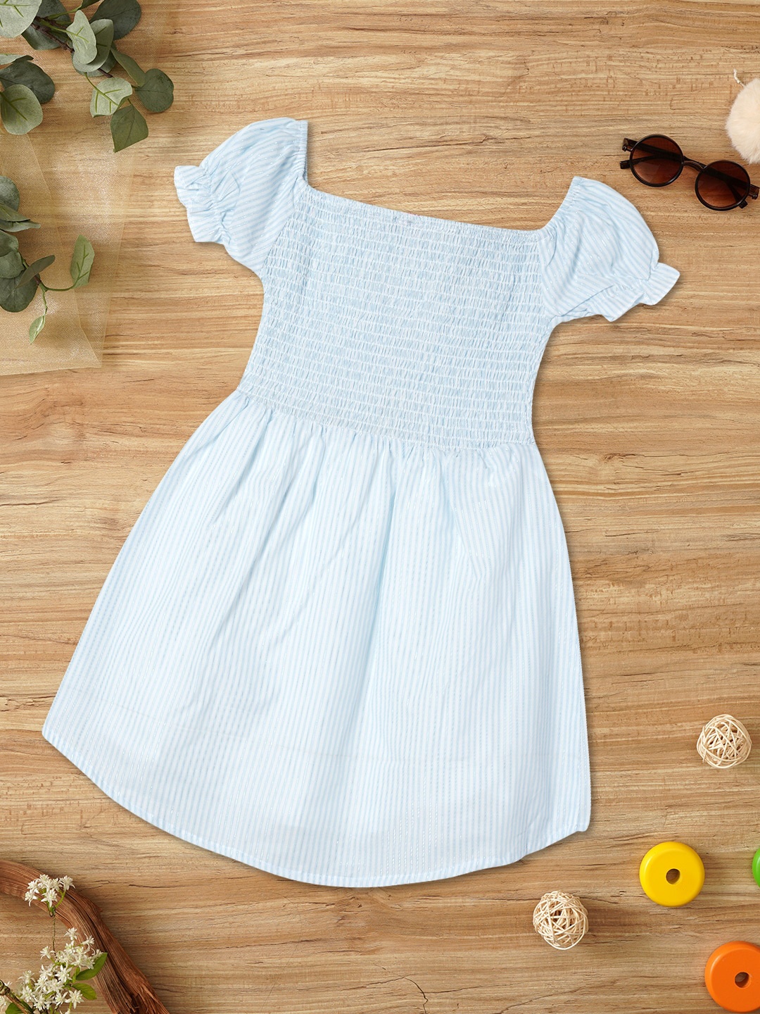

ZION Girls Striped Smocked Cotton A-Line Dress, Blue