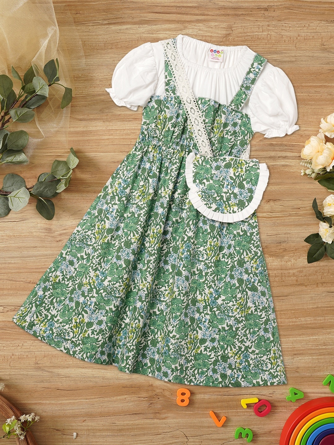 

ZION Girls Polka Dot Printed Puffed Sleeves Cotton Pinafore Dress, Green
