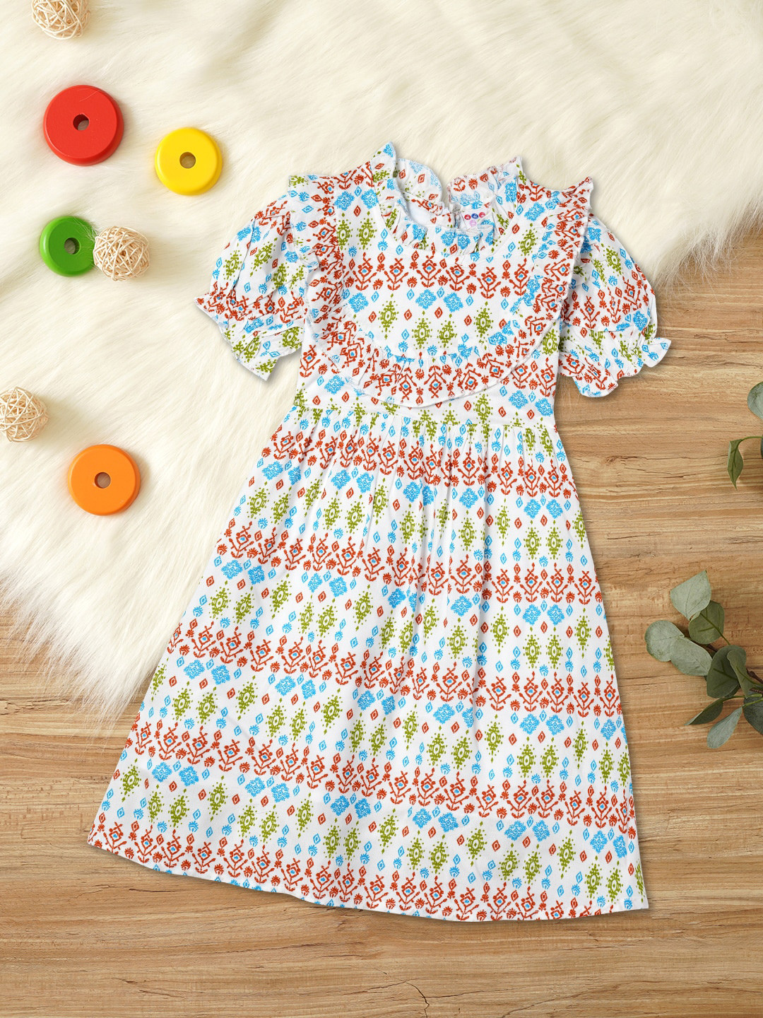

ZION Girls Ethnic Motifs Printed A-Line Dress, White