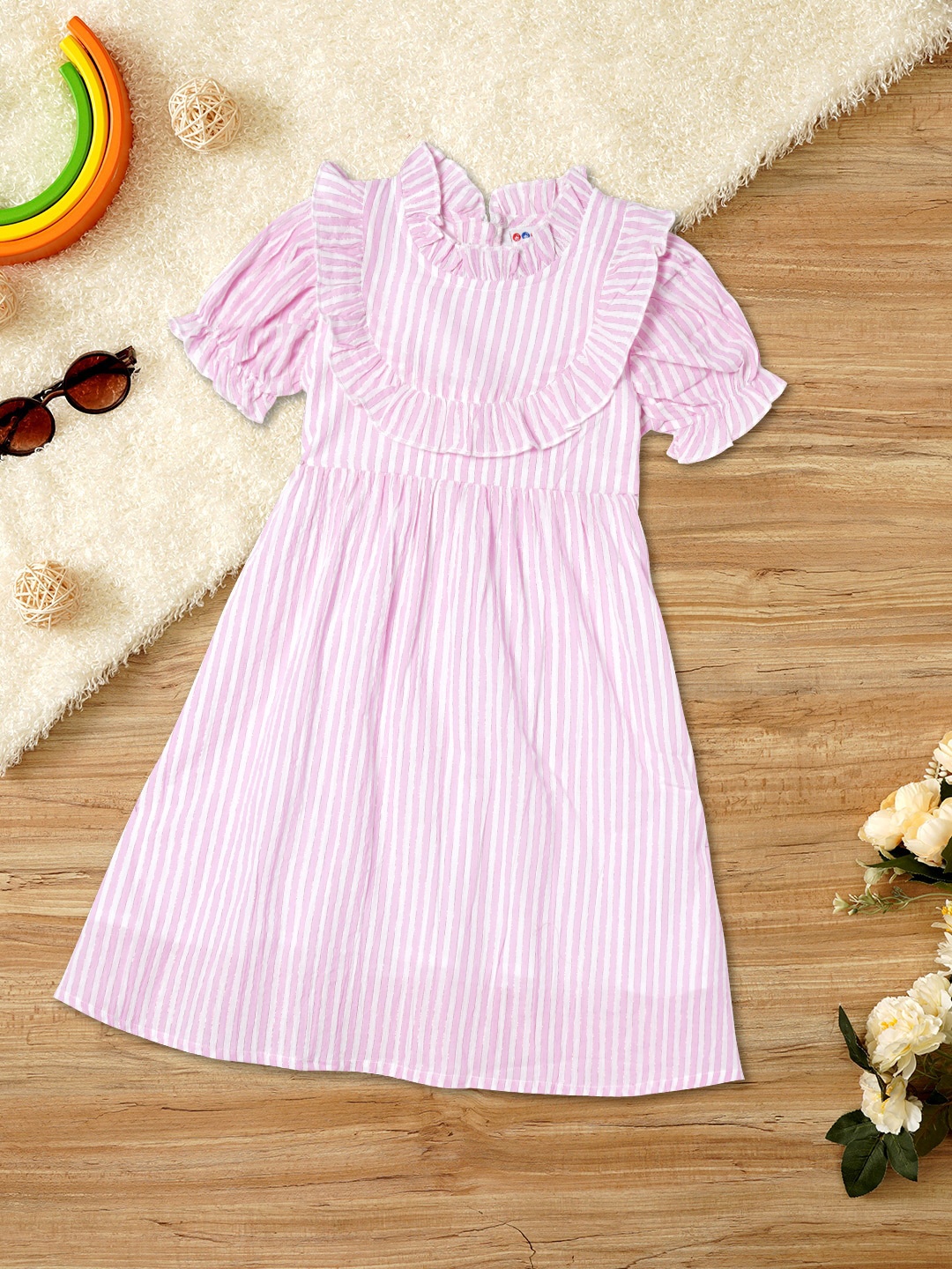 

ZION Girls Striped Puffed Sleeves Ruffled Cotton Fit & Flare Dress, Pink