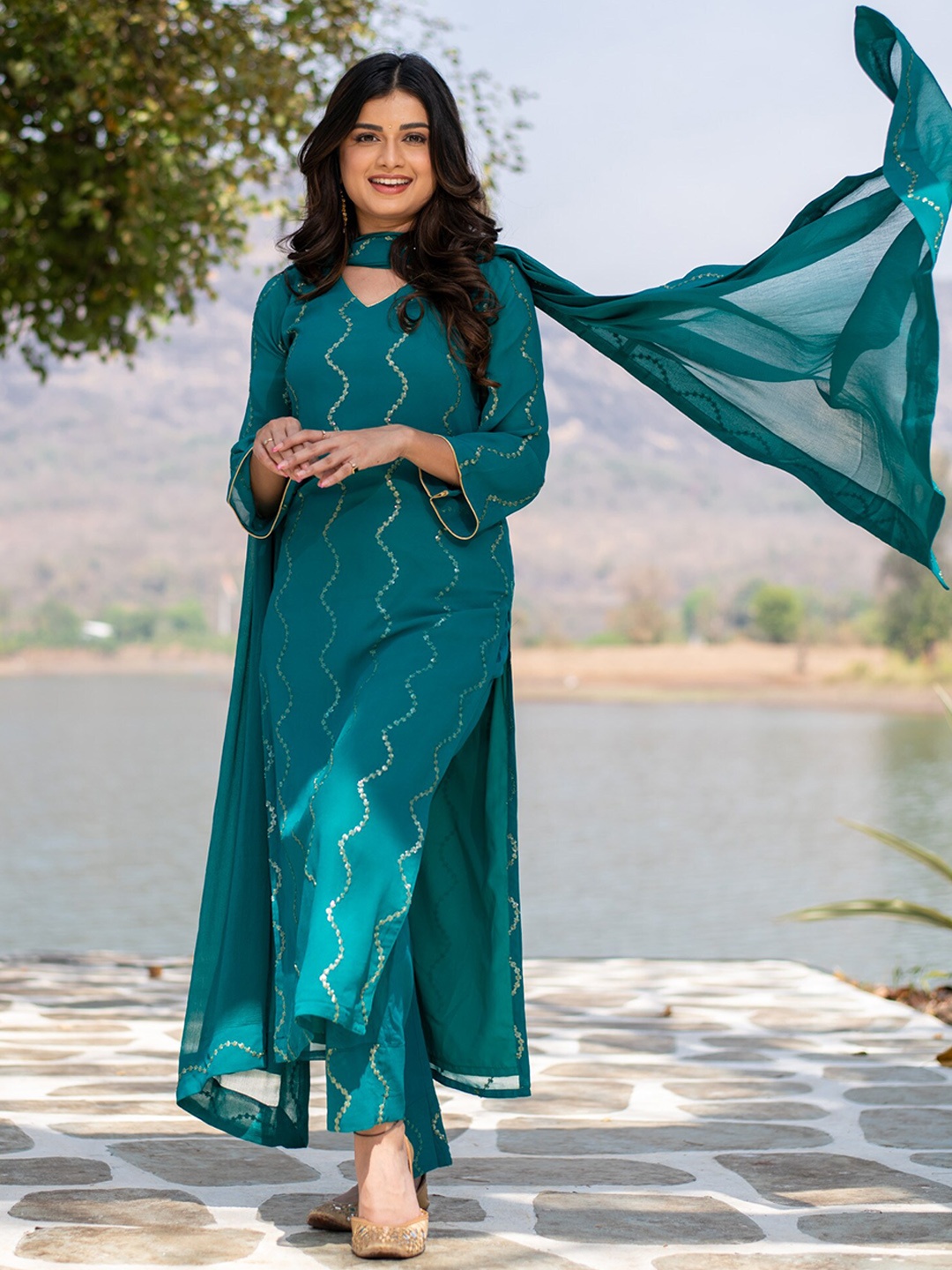 

Label Shaurya Sanadhya Ethnic Motifs Embroidered Sequins Kurta With Trousers & Dupatta, Teal