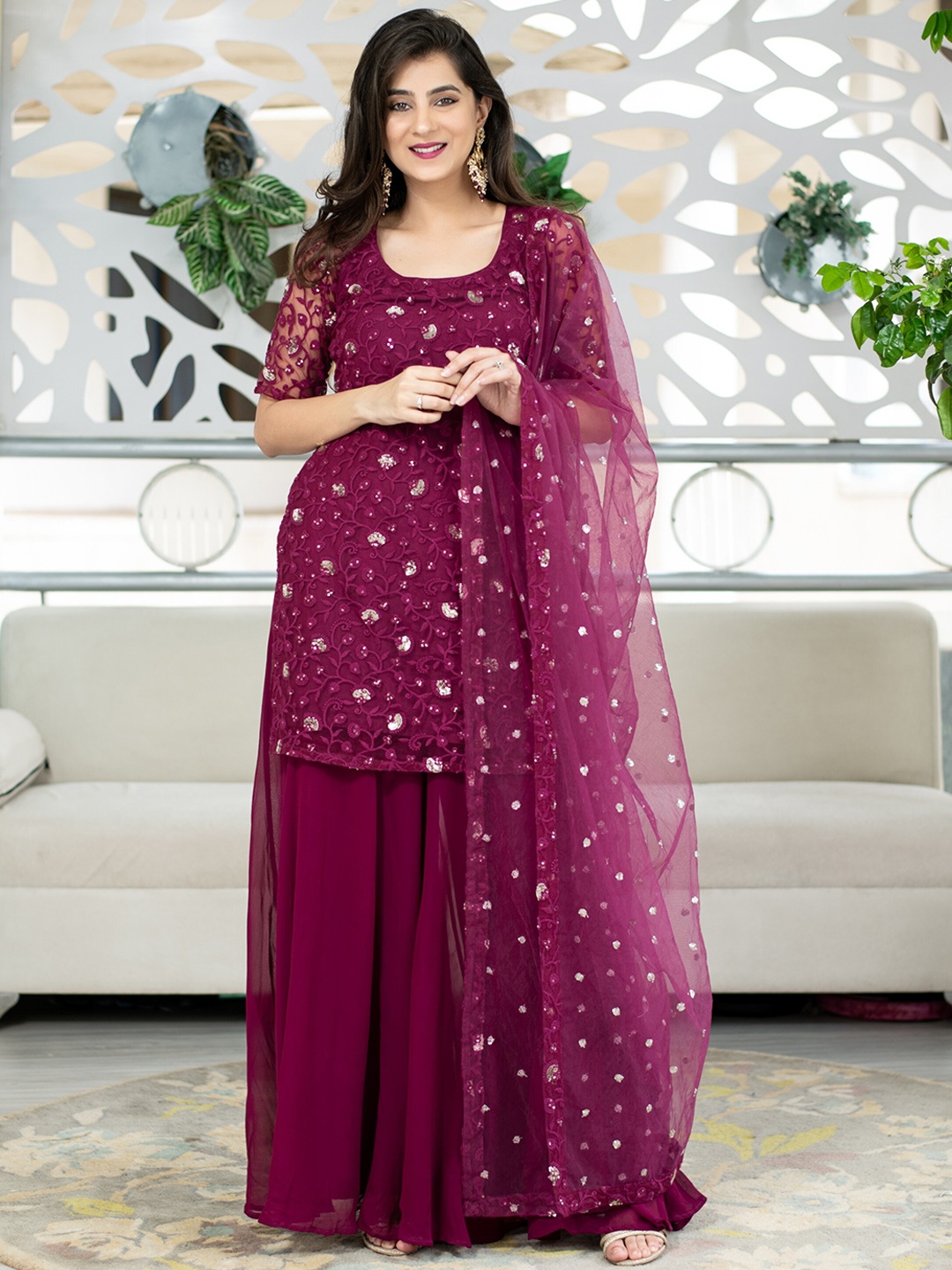 

Label Shaurya Sanadhya Ethnic Motifs Embroidered Sequinned Kurta With Palazzo & Dupatta, Burgundy