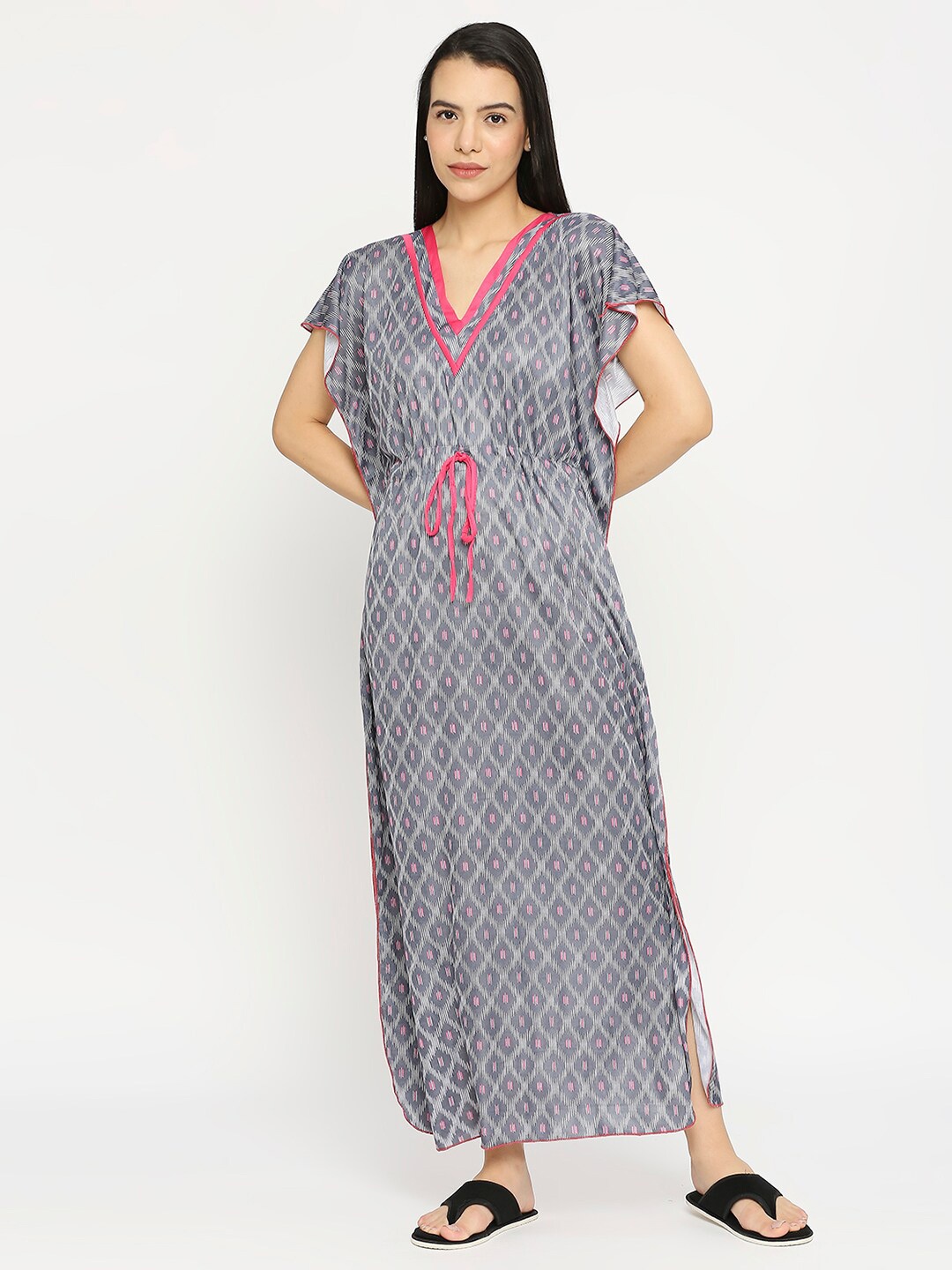 

Pretty Awesome Geometric Printed Kaftan Maxi Nightdress, Grey