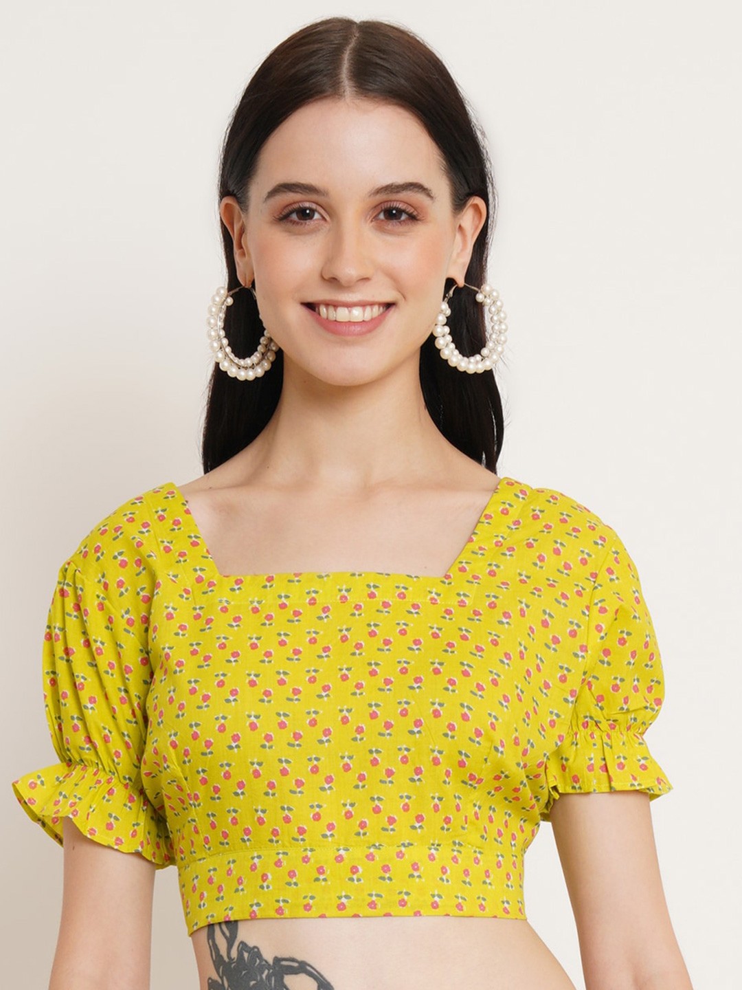 

FABRIC FITOOR Floral Printed Puff Sleeves Cotton Crop Top, Yellow