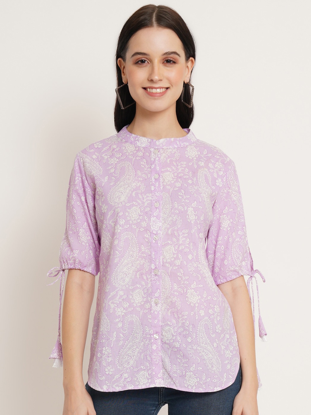 

FABRIC FITOOR Mandarin Collar Ethnic Motifs Printed Cotton Top, Purple
