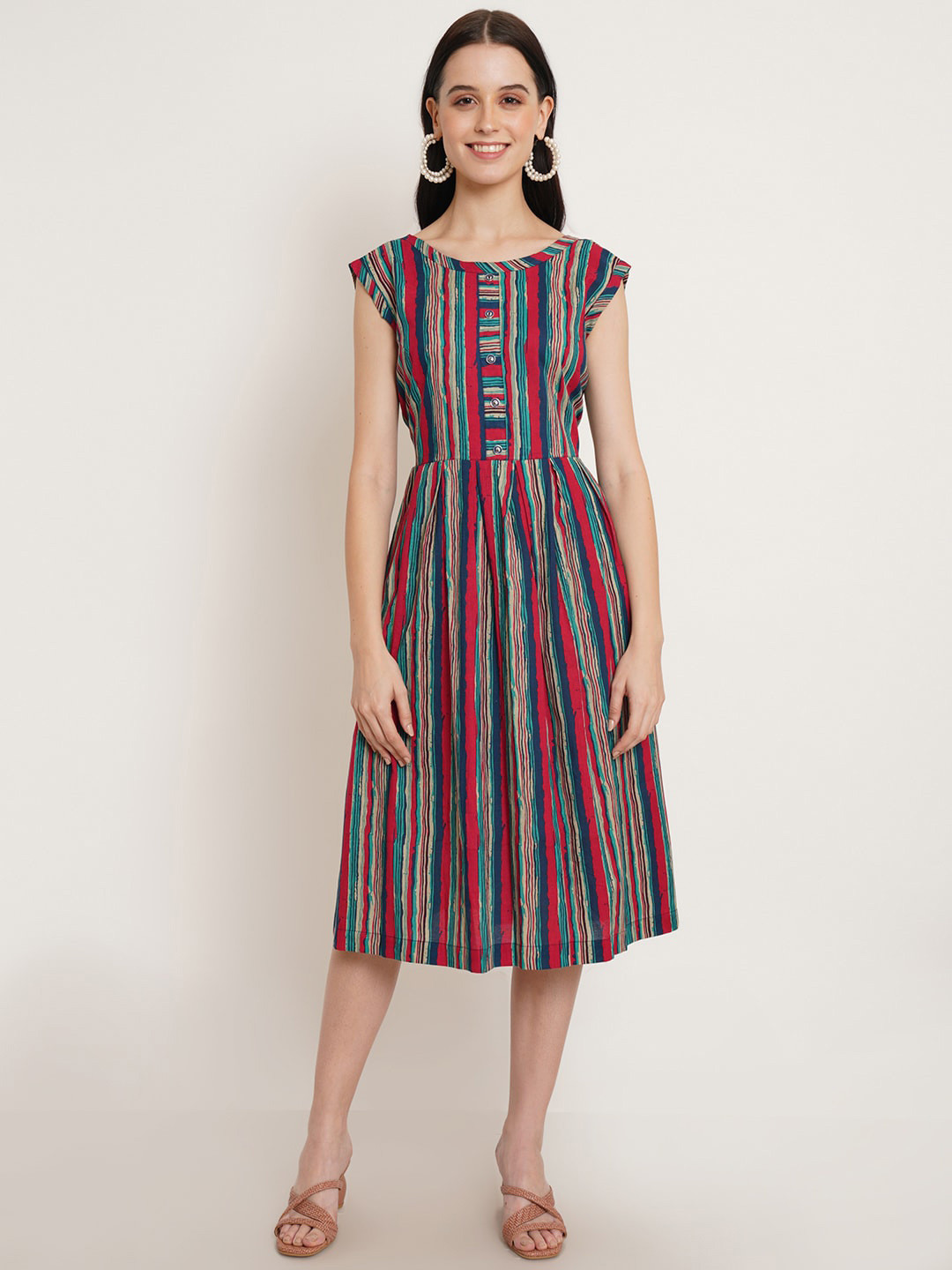 

FABRIC FITOOR Striped Fit & Flare Midi Dress, Red