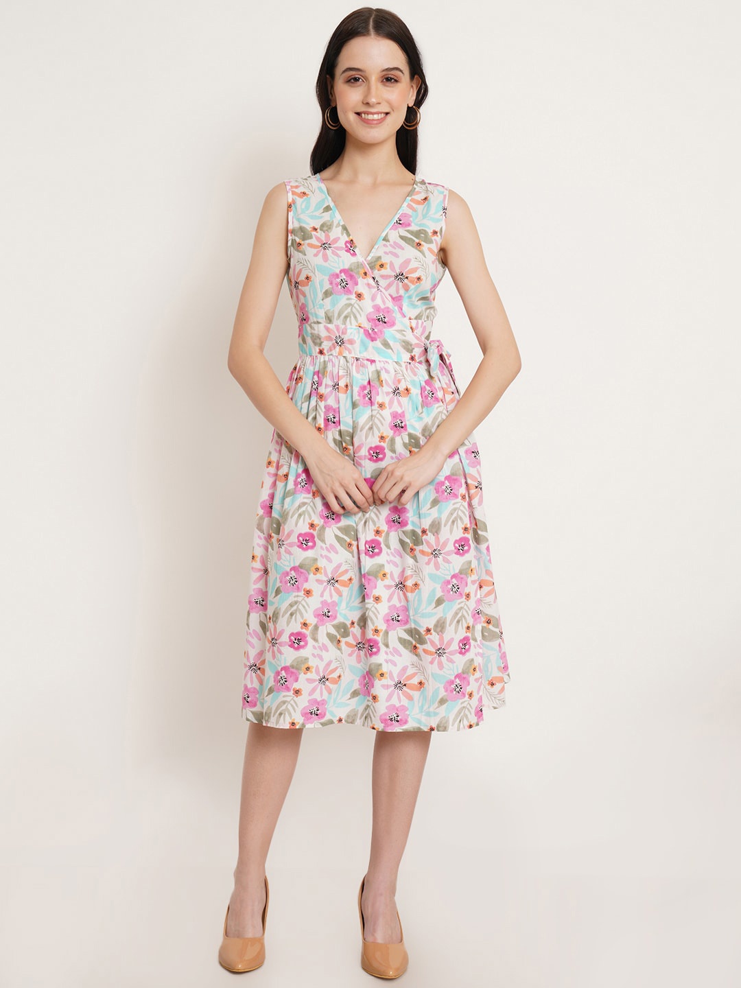 

FABRIC FITOOR Floral Print Wrap Midi Dress, White