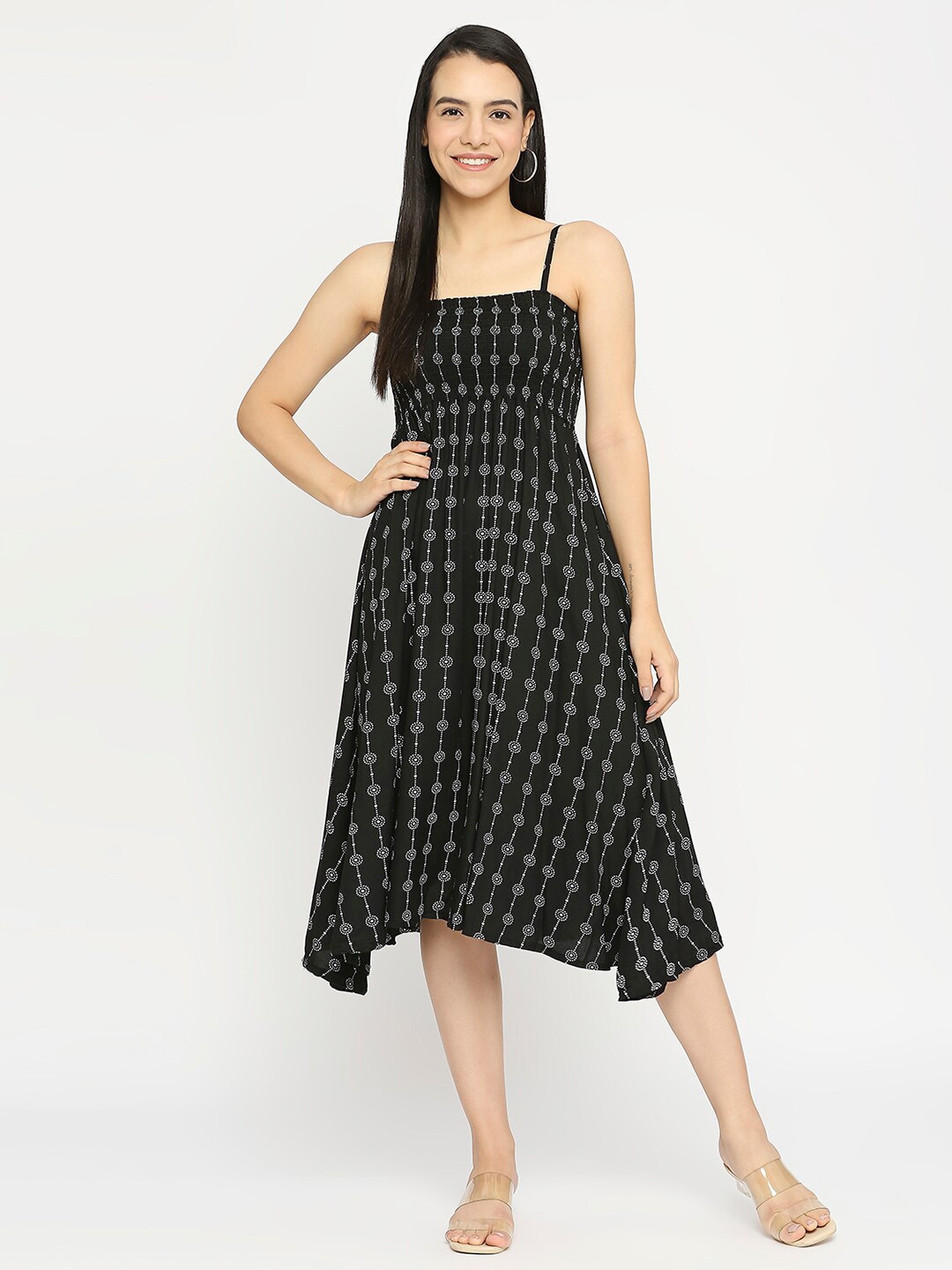 

Pretty Awesome Geometric Printed A-Line Midi Dress, Black