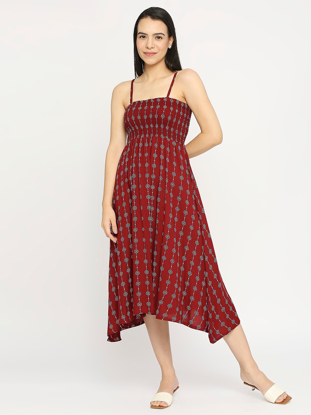 

Pretty Awesome Geometric Printed A-Line Midi Dress, Maroon