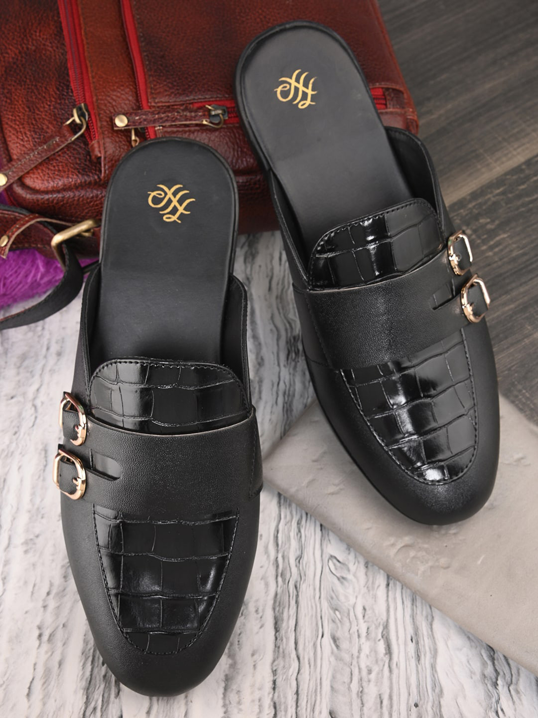 

House of Pataudi Men Leather Casual Slip On Mules, Black