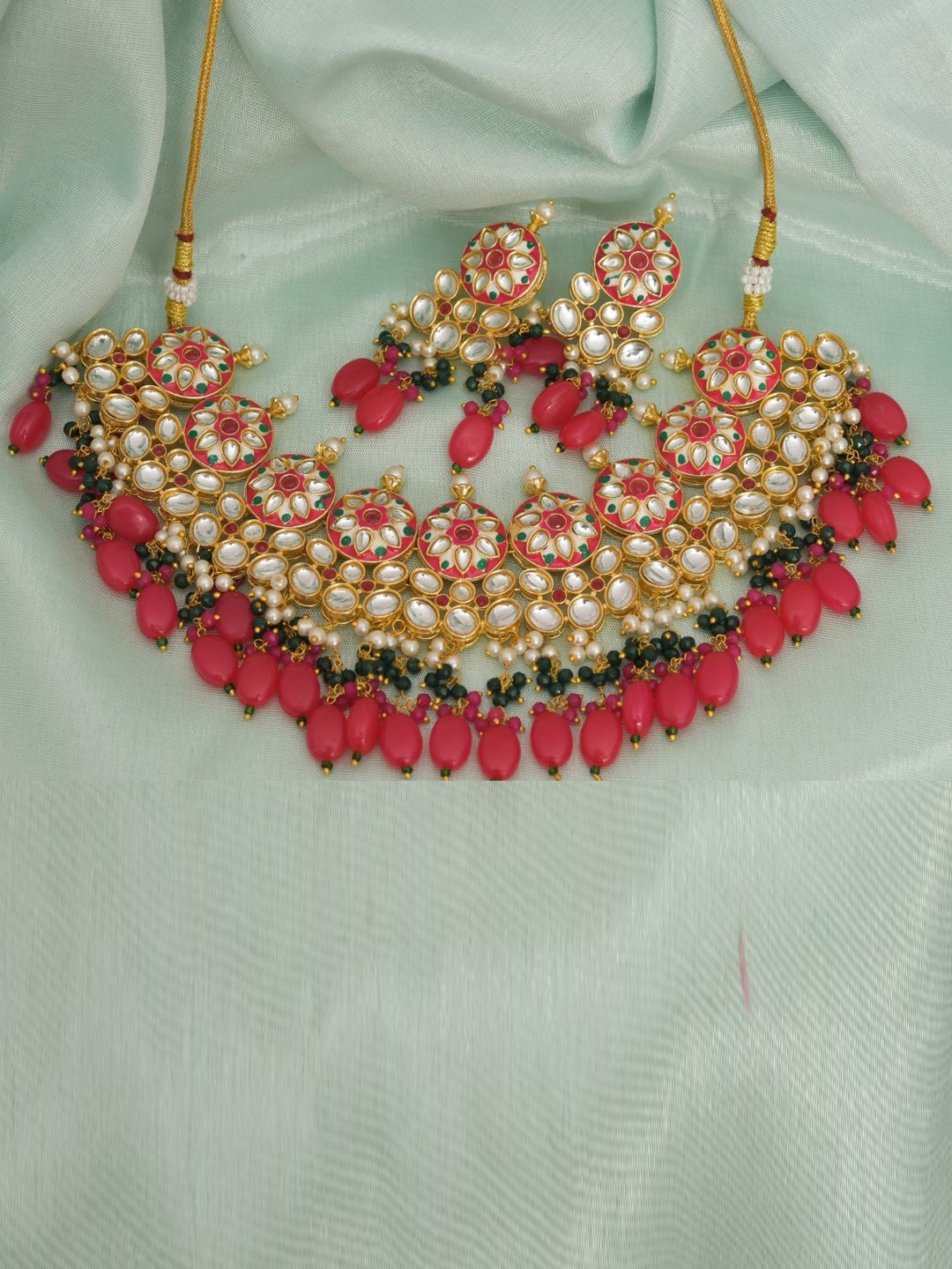 

ROHINIKA Gold-Plated Kundan-Studded & Beaded Meenakari Jewellery Set