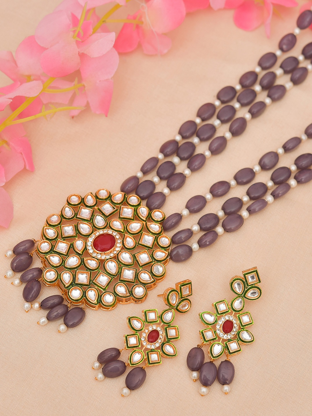 

ROHINIKA Gold Plated & AD Beaded Rani Haar Jewellery Set