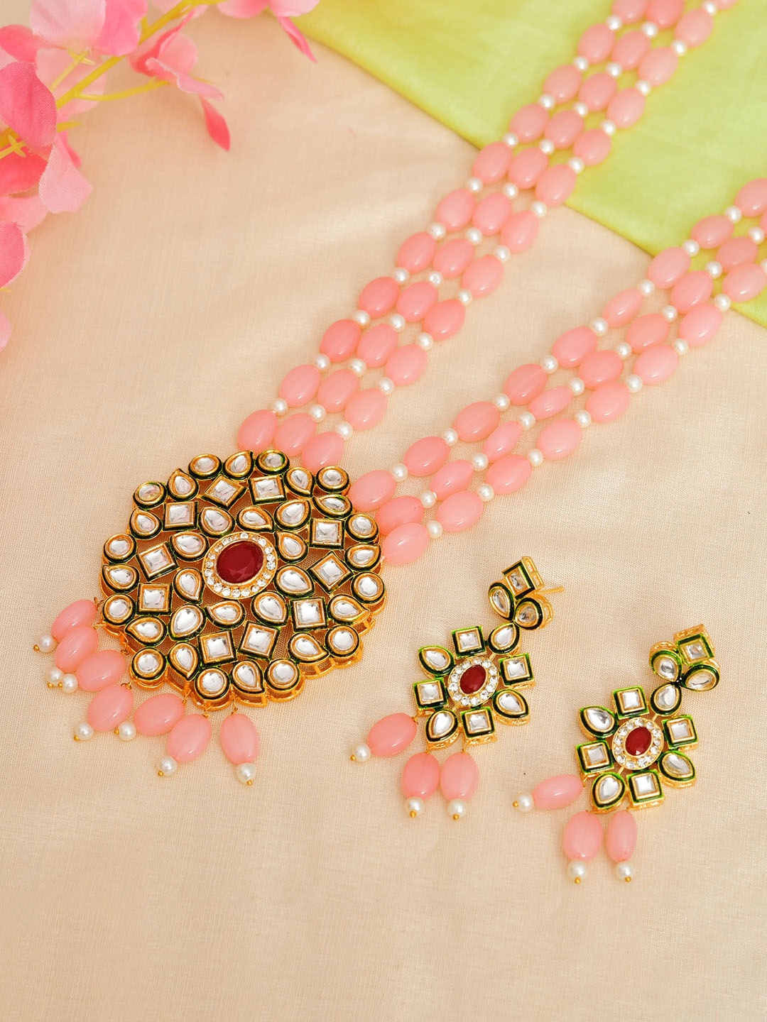 

ROHINIKA Gold Plated Kundan-Studded & AD Beaded Rani Haar Jewellery Set
