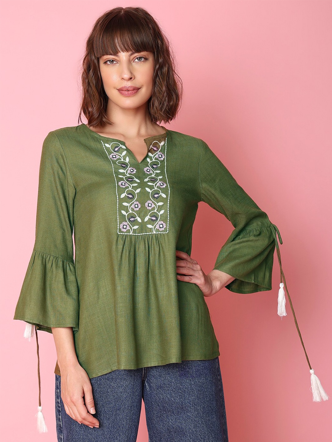 

Indifusion Floral Embroidered Tunic, Green