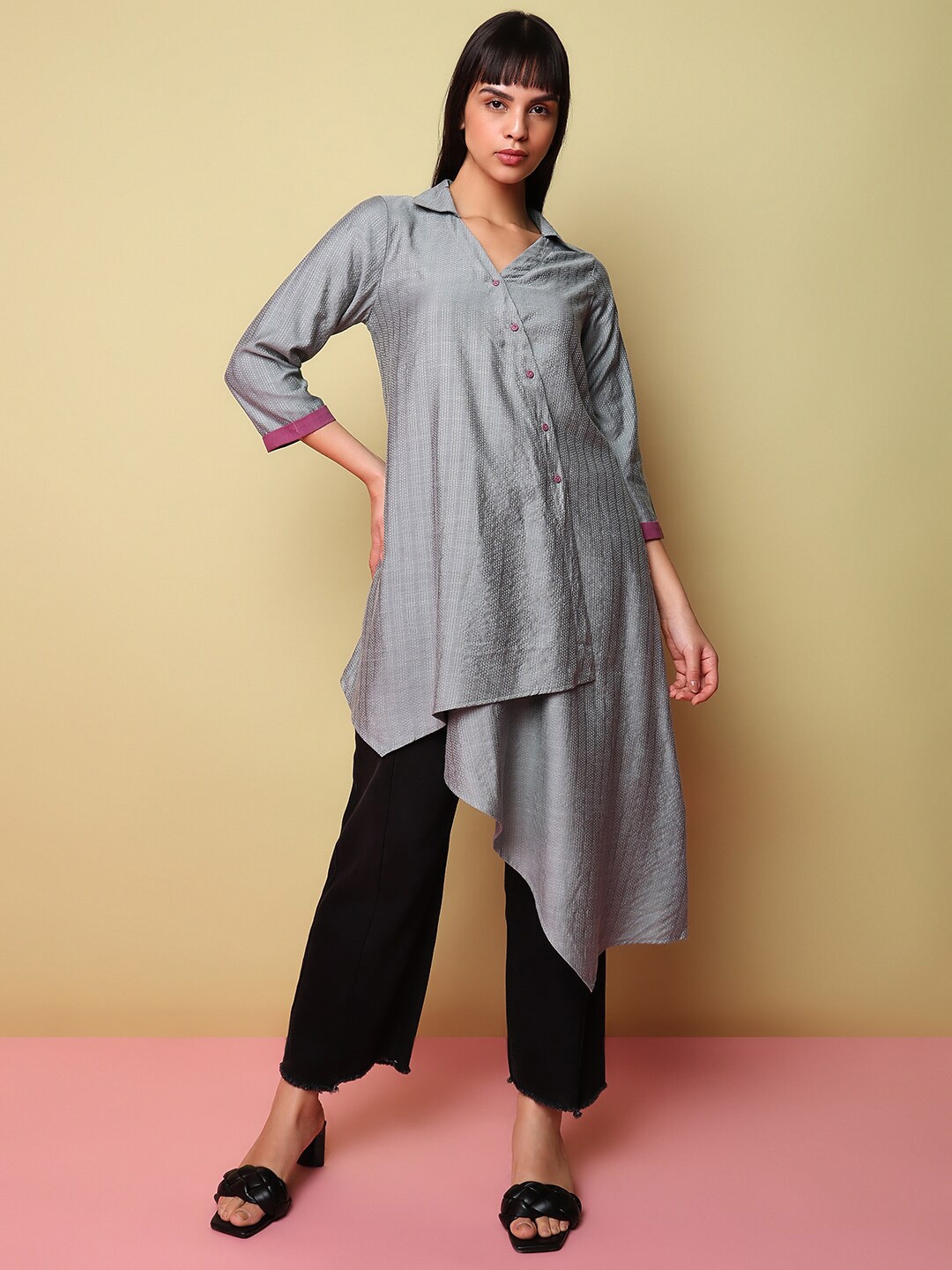 

Indifusion Striped Thread Work Shirt Collar Asymmetric Kurta, Grey