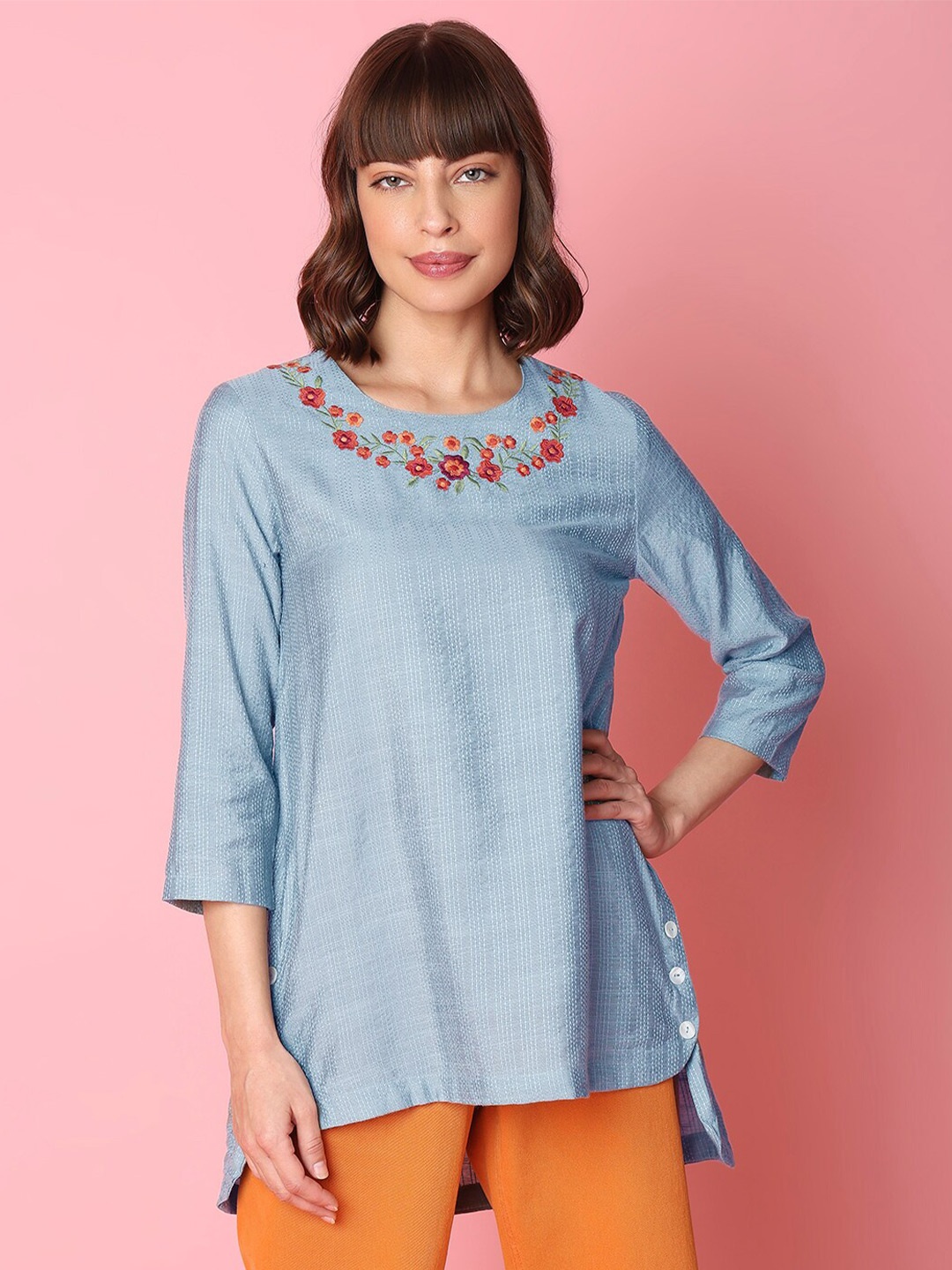 

Indifusion Round Neck Embroidered Tunic, Blue
