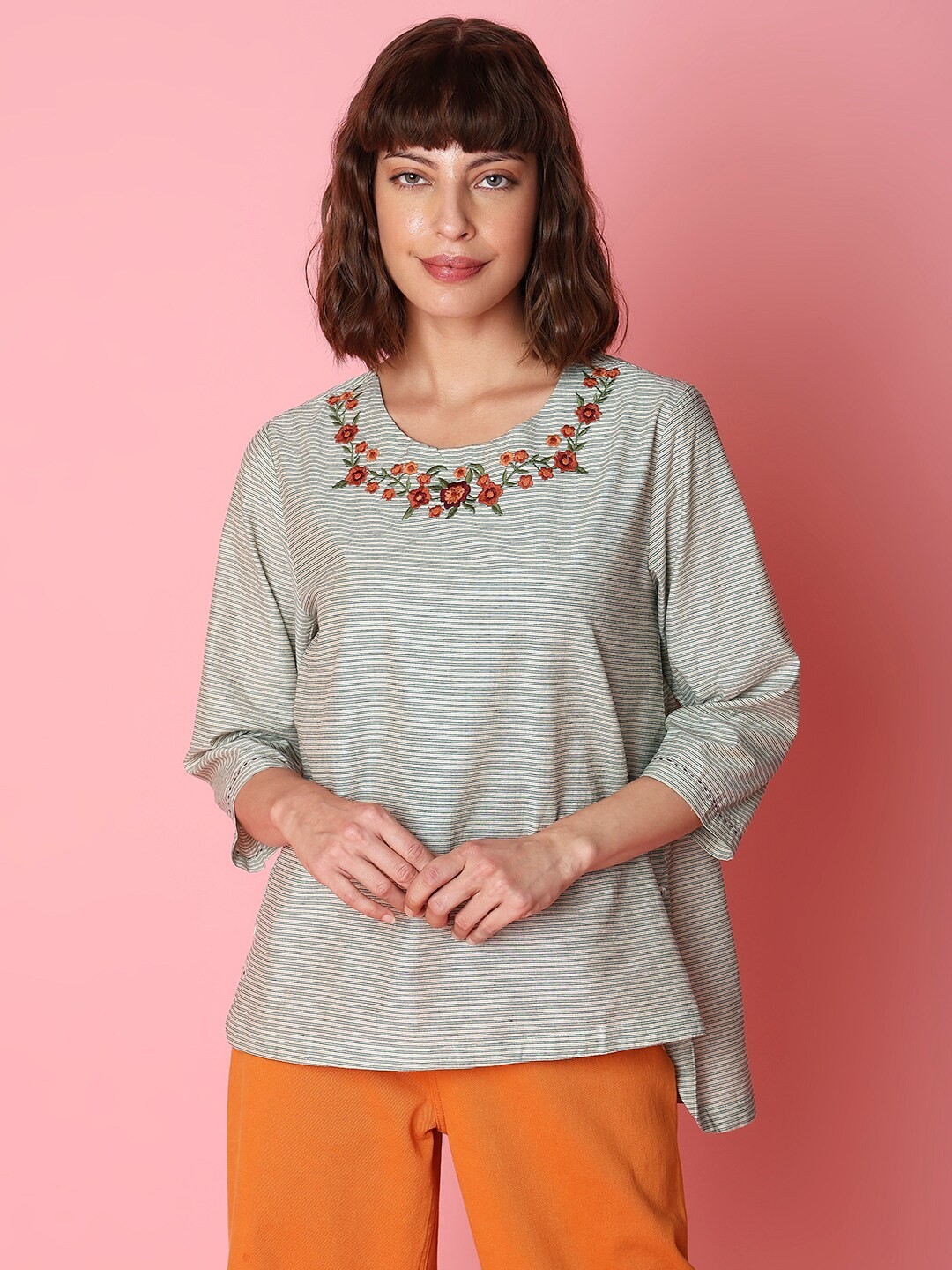 

Indifusion Floral Embroidered High Low Cotton Tunic, Beige