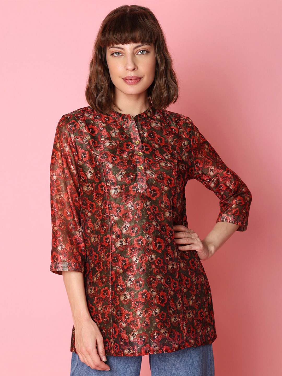 

Indifusion Floral Printed Band Collar Tunic, Red
