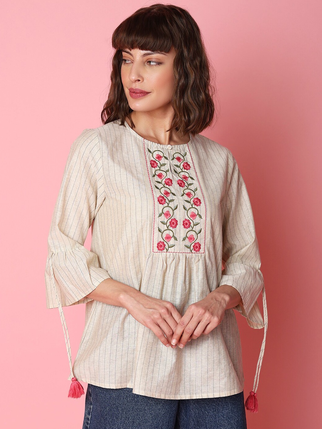 

Indifusion Floral Embroidered Cotton Tunic, Beige