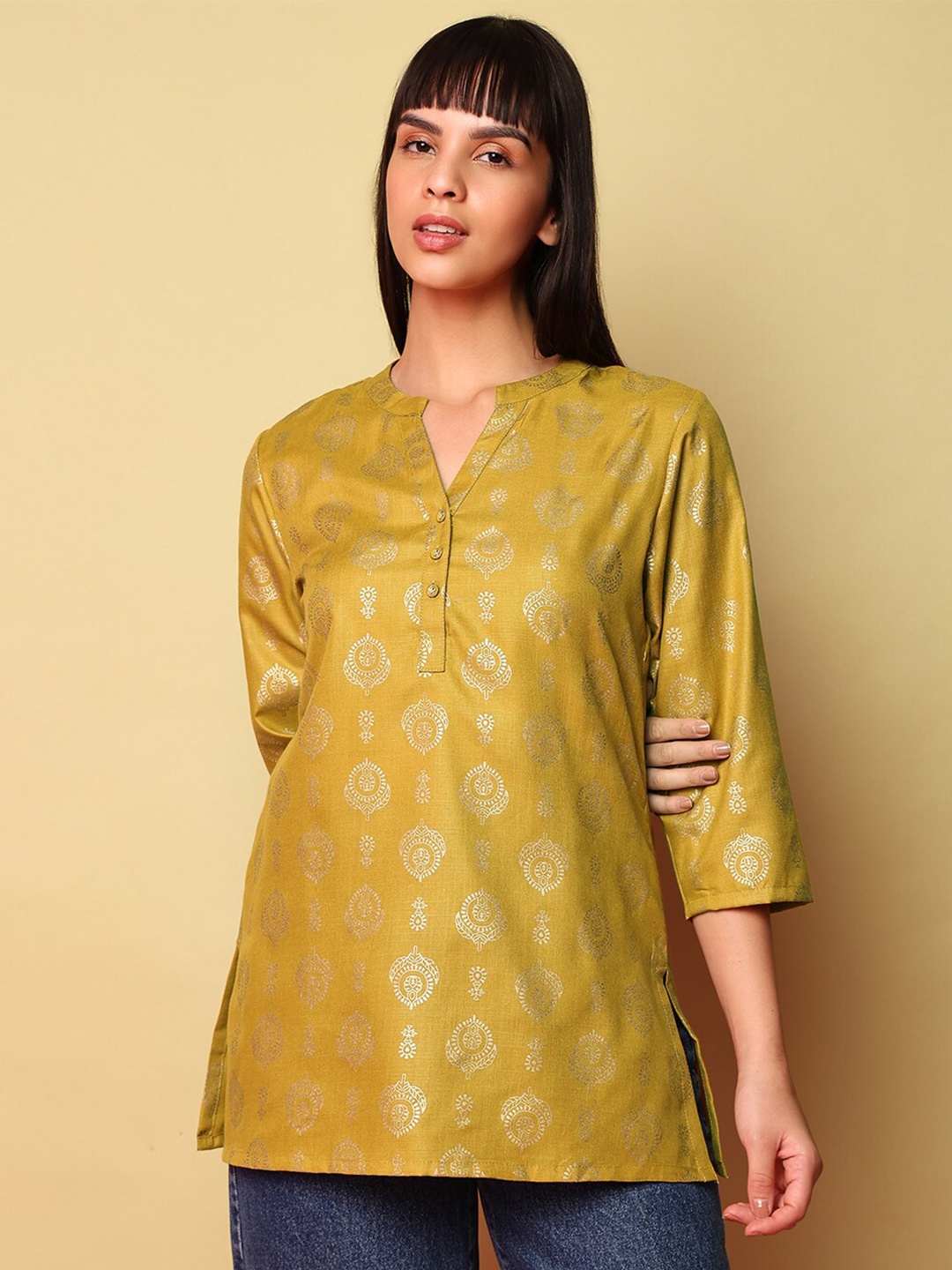 

Indifusion Mandarin Collar Woven Design Kurti, Yellow