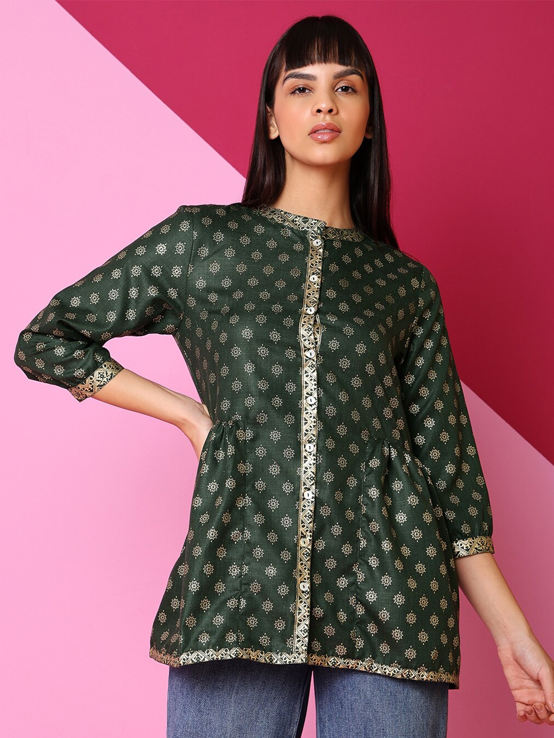 

Indifusion Mandarin Collar Ethnic Motifs Printed Tunic, Green