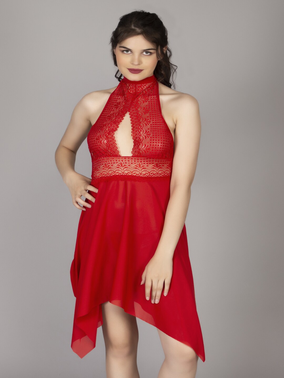 

Herryqeal Self Design Halter Neck Baby Doll, Red