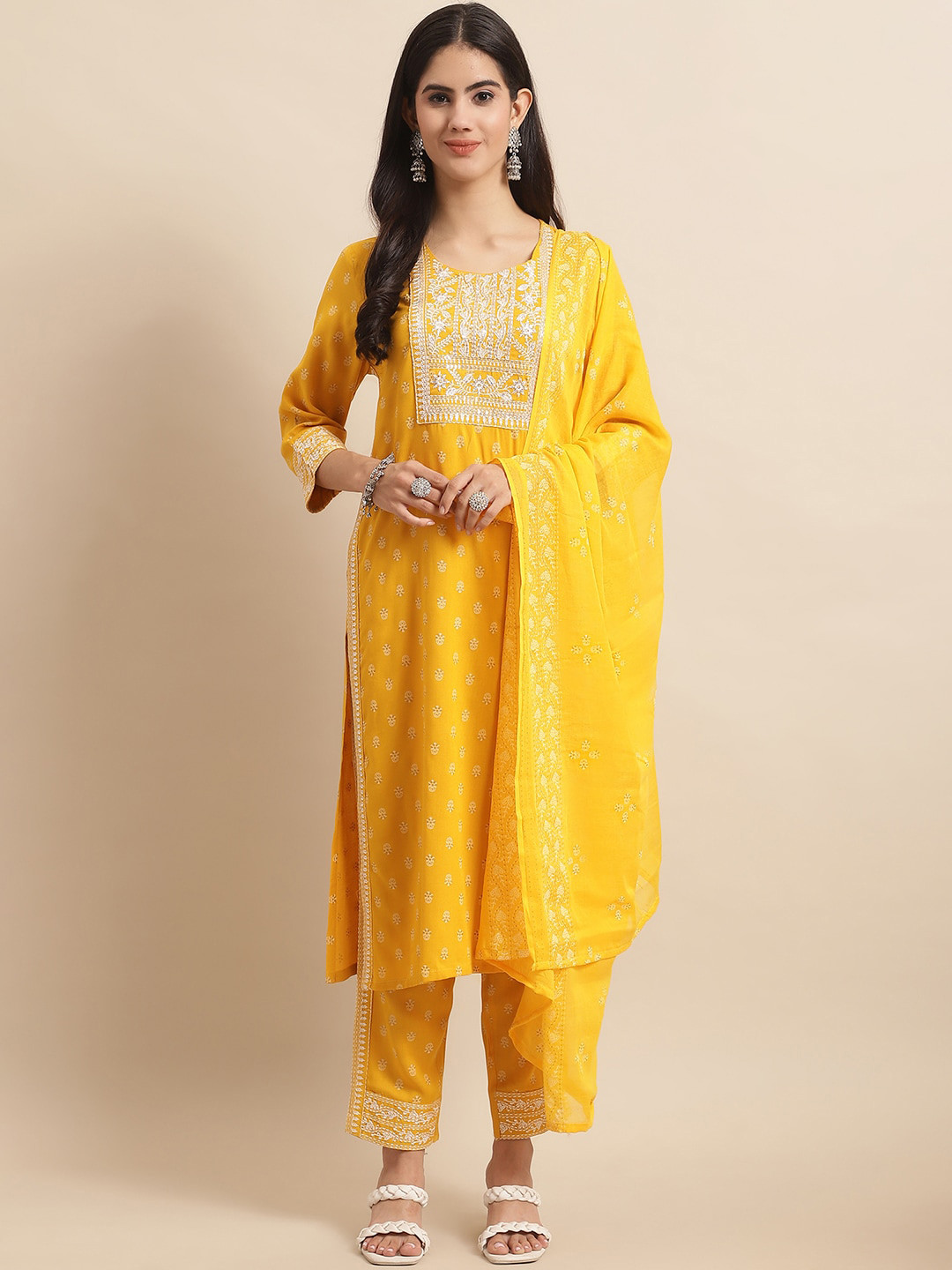 

Sangria Mustard Yellow Ethnic Printed Regular Thread Work Kurta with Trousers & Dupatta