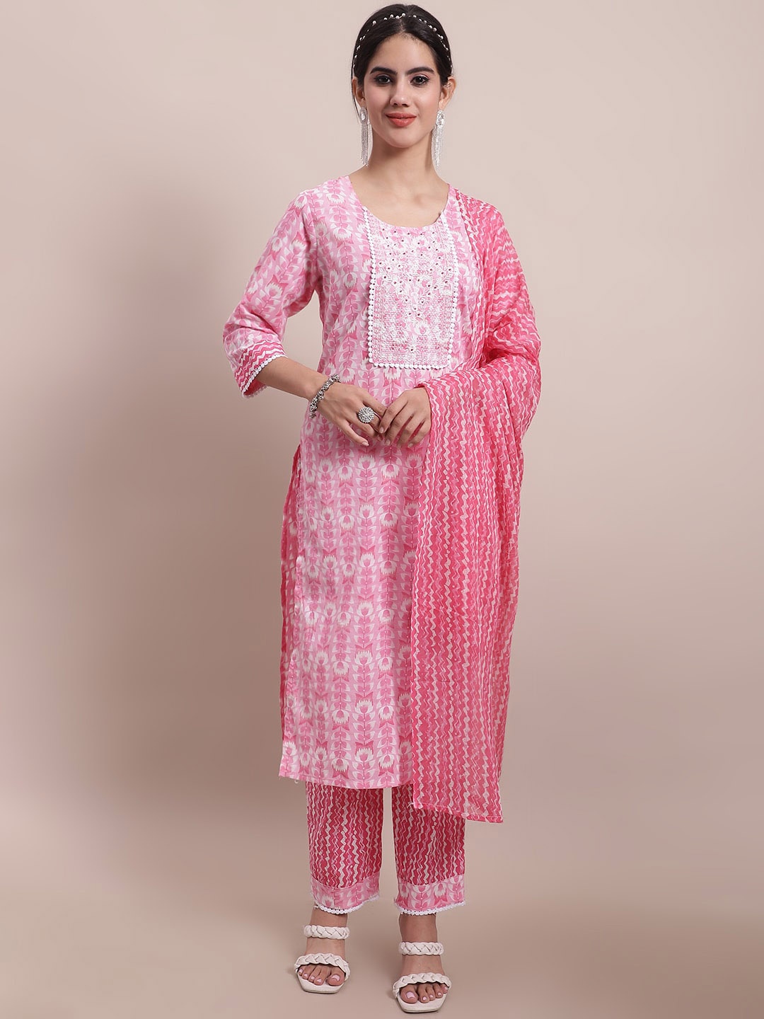 

Sangria Pink Embroidered Pure-Cotton A-Line Kurta With Trouser & Dupatta