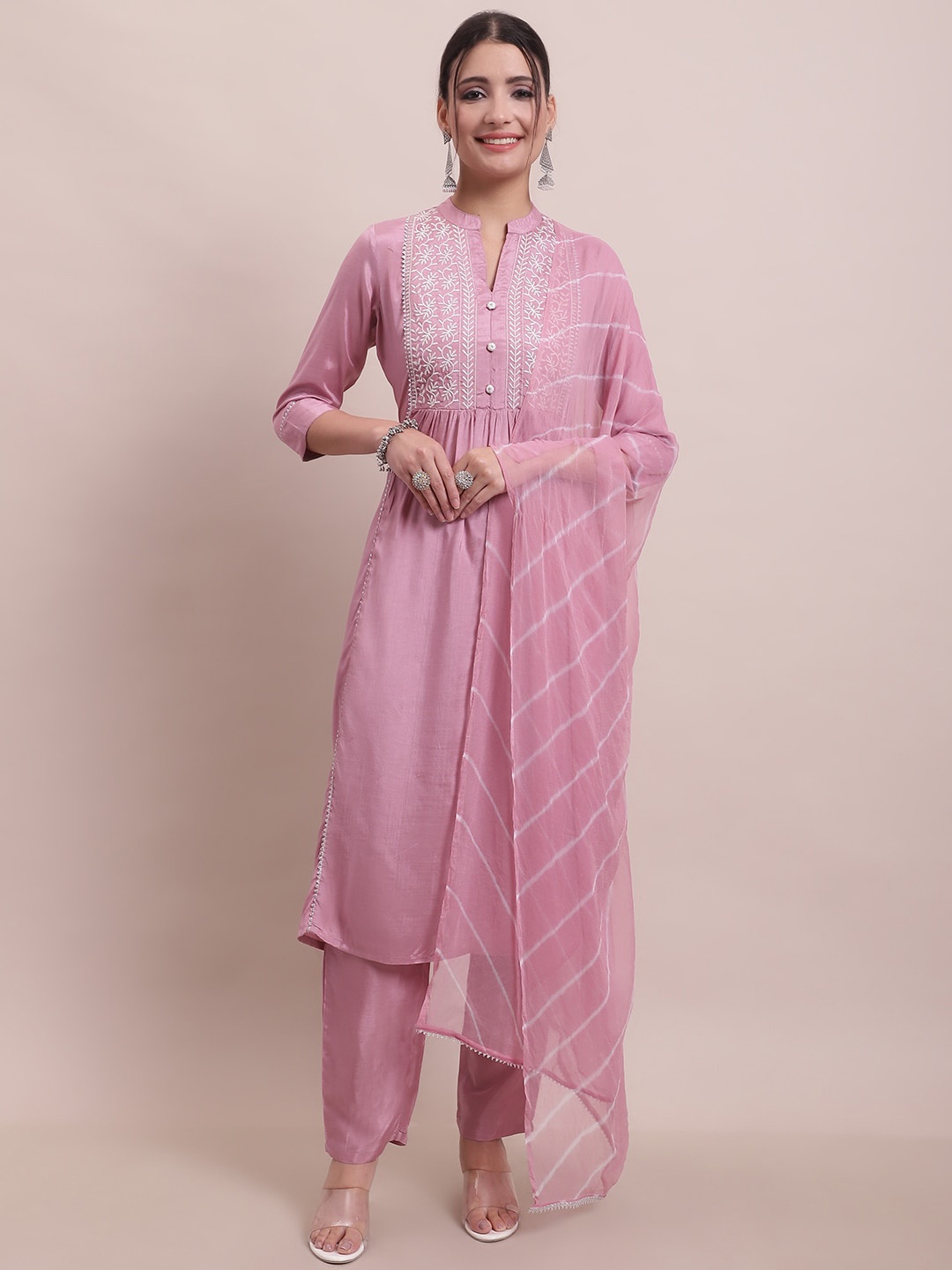 

Sangria Pink Embroidered A-Line Kurta With Trouser & Dupatta