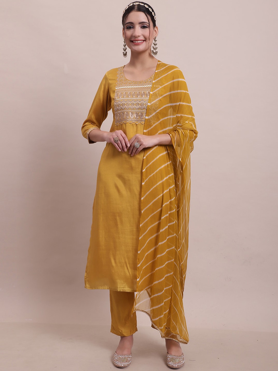 

Sangria Mustard Yellow Embroidered A-Line Kurta With Trouser & Dupatta