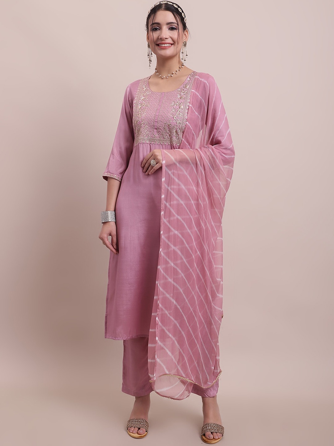 

Sangria Pink Embroidered Straight Kurta With Trouser & Dupatta