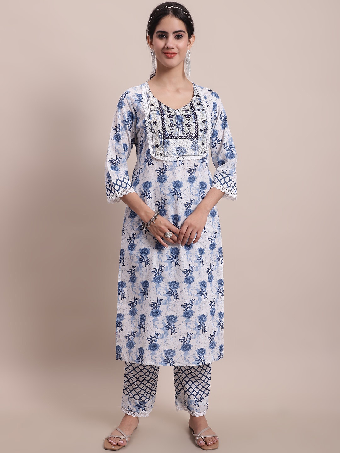 

Sangria White Printed & Embroidered Pure Cotton Straight Kurta With Trouser & Dupatta